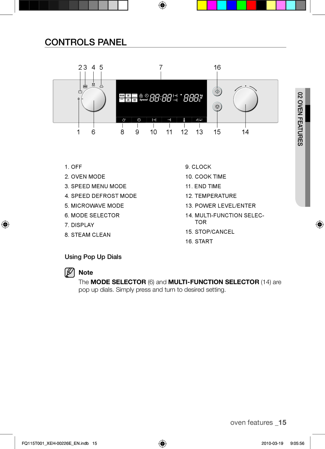 Samsung FQ115T001/XEO, FQ115T001/XEH manual Controls panel, Using Pop Up Dials 