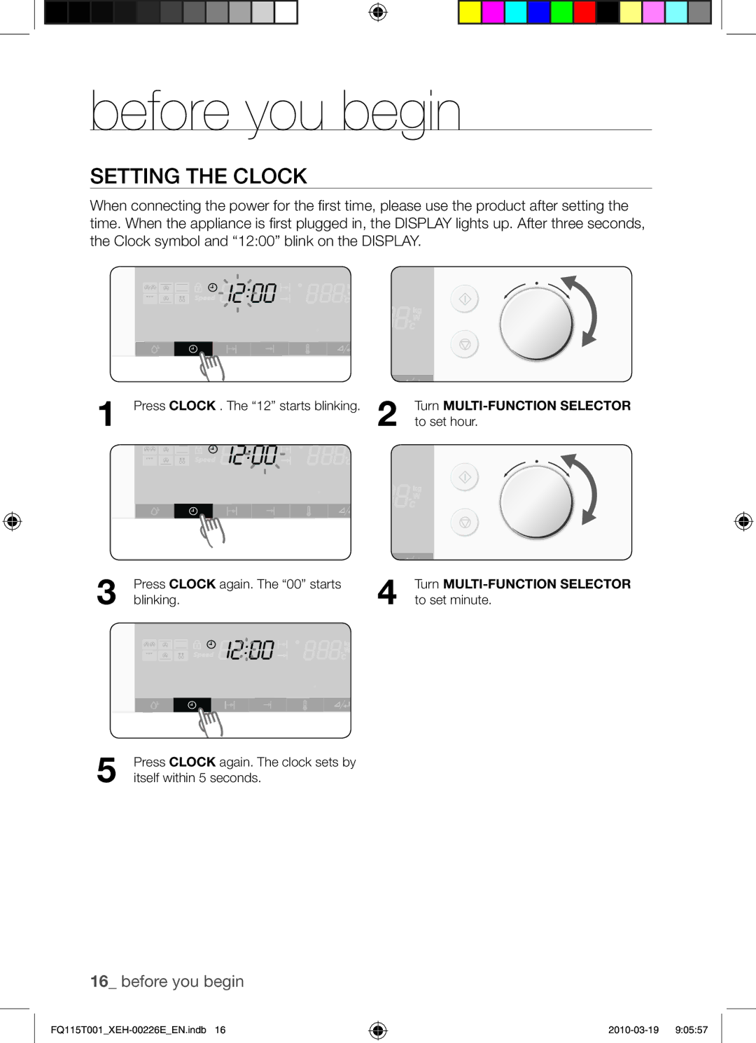 Samsung FQ115T001/XEH, FQ115T001/XEO manual Before you begin, Setting the clock, Turn MULTI-FUNCTION Selector 