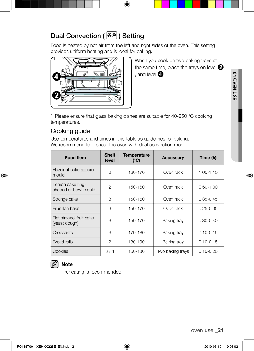 Samsung FQ115T001/XEO, FQ115T001/XEH manual Dual Convection Setting, Cooking guide, Preheating is recommended 