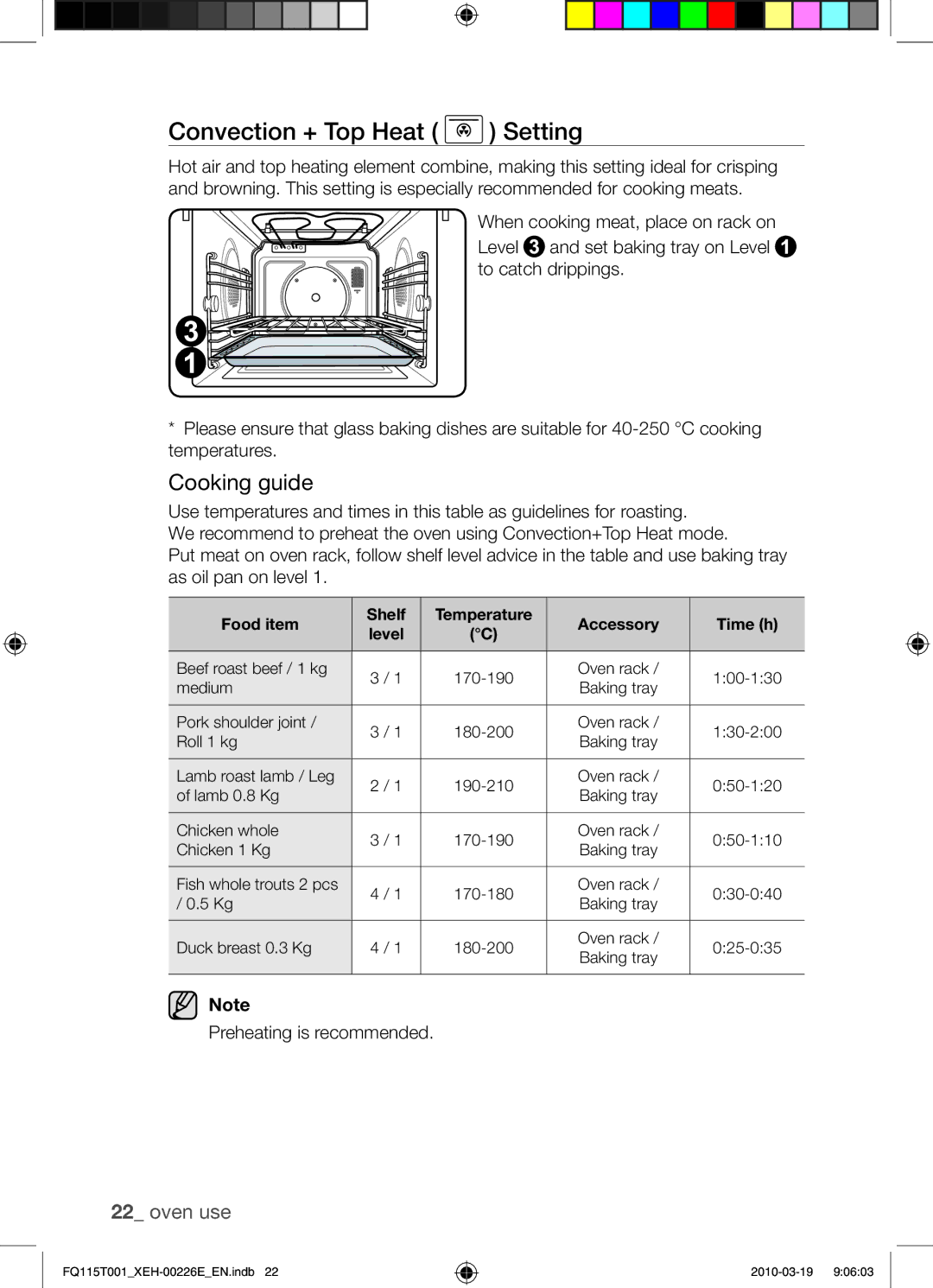 Samsung FQ115T001/XEH, FQ115T001/XEO manual Convection + Top Heat Setting, Food item Shelf Temperature Accessory Time h 