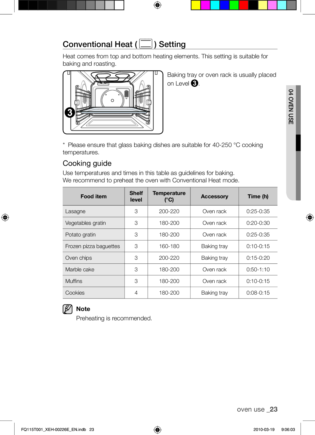 Samsung FQ115T001/XEO, FQ115T001/XEH manual Conventional Heat Setting 