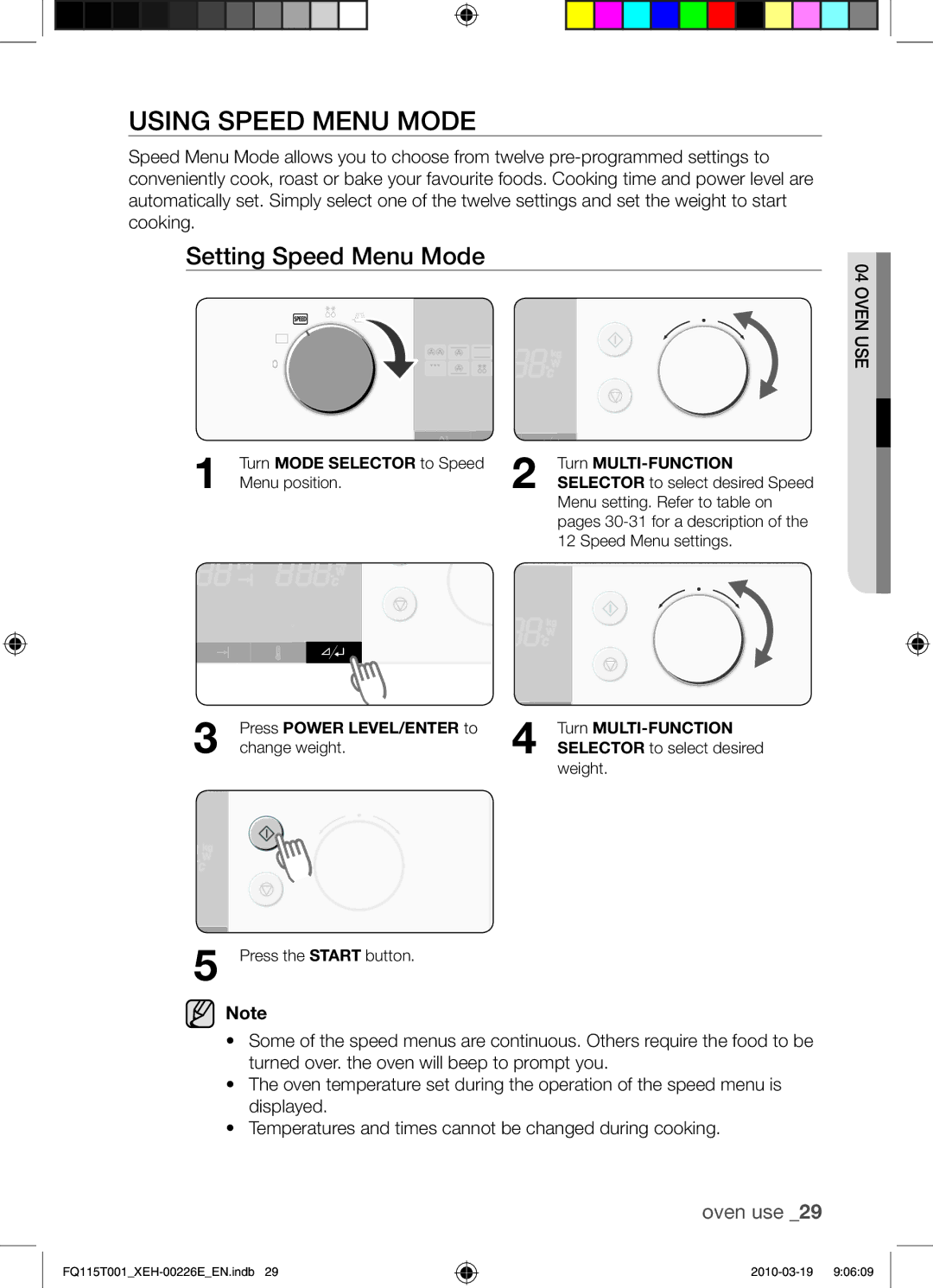 Samsung FQ115T001/XEO manual Using speed menu mode, Setting Speed Menu Mode, Press Power LEVEL/ENTER to change weight 