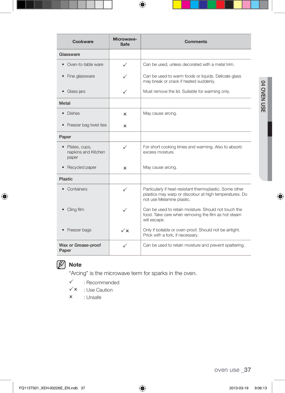 Samsung FQ115T001/XEO, FQ115T001/XEH manual Arcing is the microwave term for sparks in the oven 