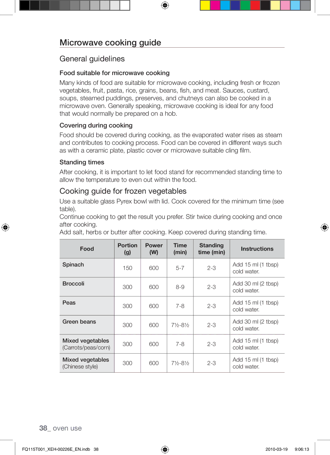 Samsung FQ115T001/XEH, FQ115T001/XEO manual Microwave cooking guide, General guidelines, Cooking guide for frozen vegetables 