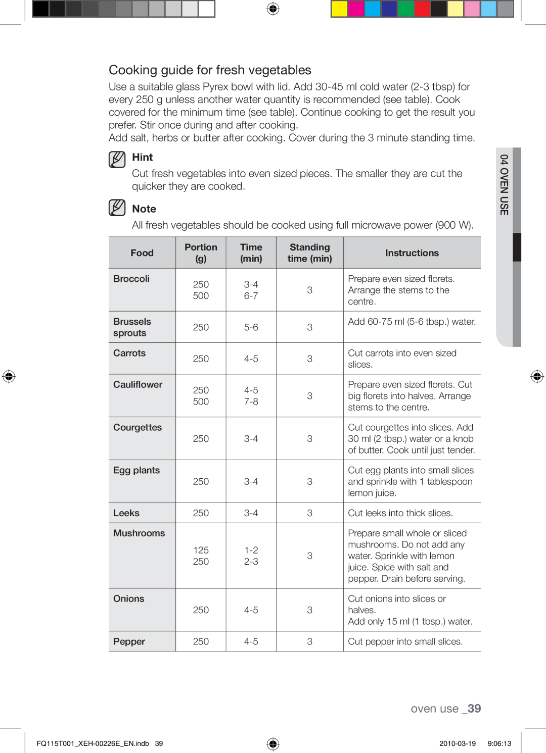 Samsung FQ115T001/XEO, FQ115T001/XEH Cooking guide for fresh vegetables, Hint, Food Portion Time Standing Instructions 