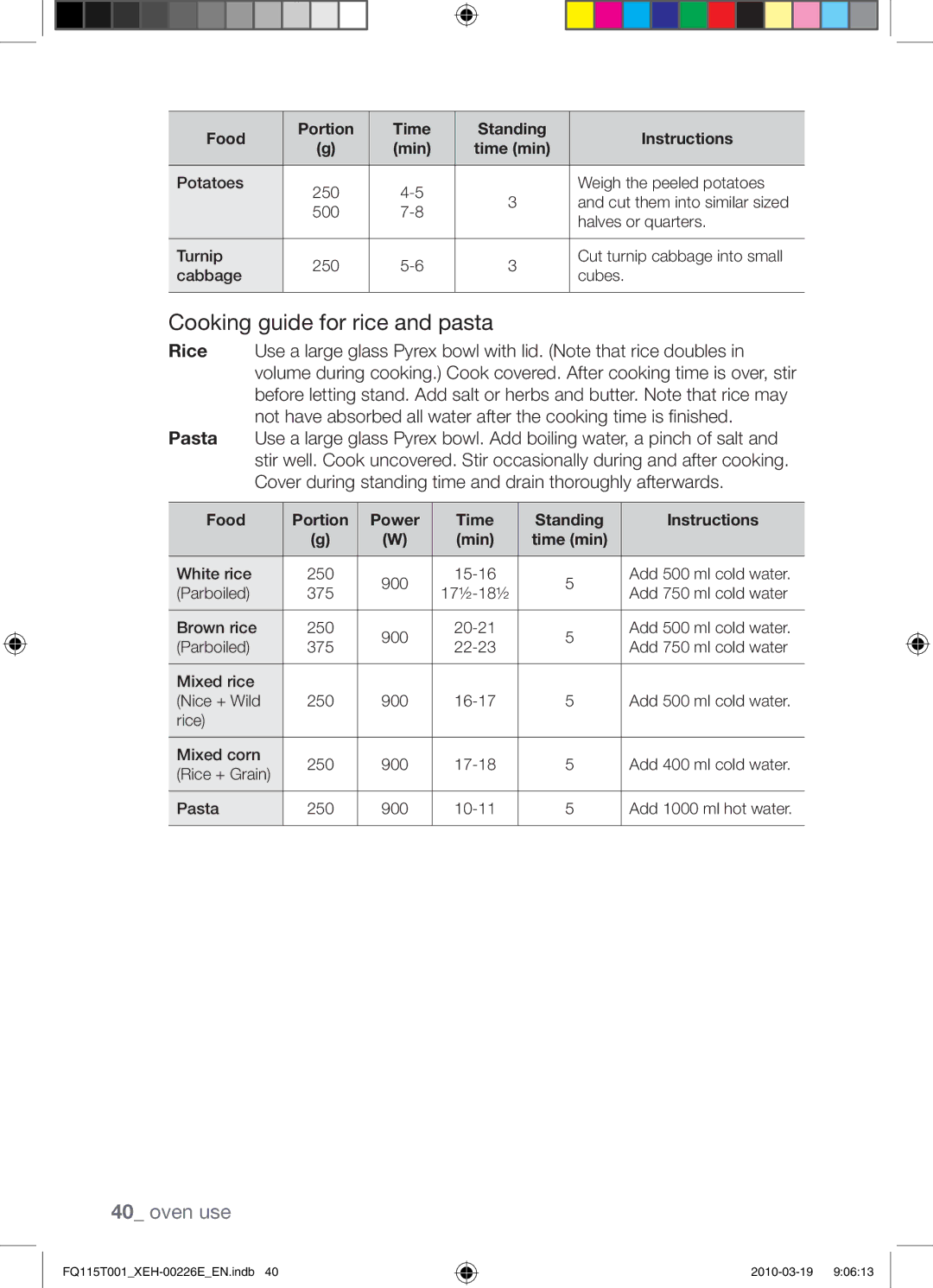 Samsung FQ115T001/XEH, FQ115T001/XEO manual Cooking guide for rice and pasta 