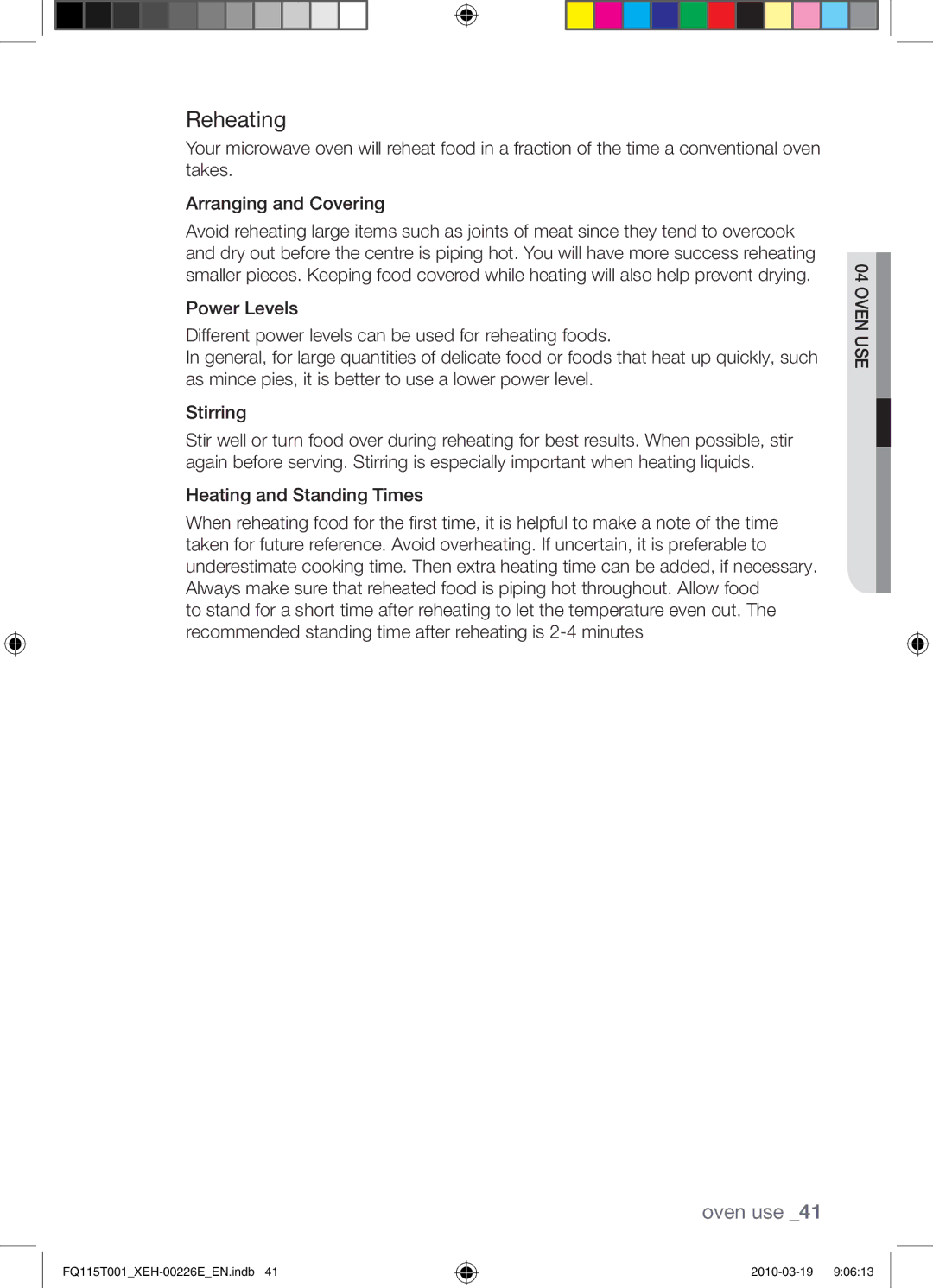 Samsung FQ115T001/XEO, FQ115T001/XEH manual Reheating, Heating and Standing Times 