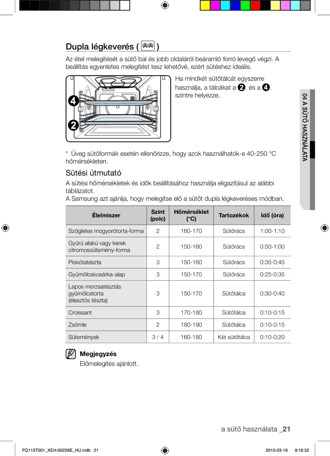 Samsung FQ115T001/XEO, FQ115T001/XEH manual Dupla légkeverés, Sütési útmutató, Előmelegítés ajánlott 