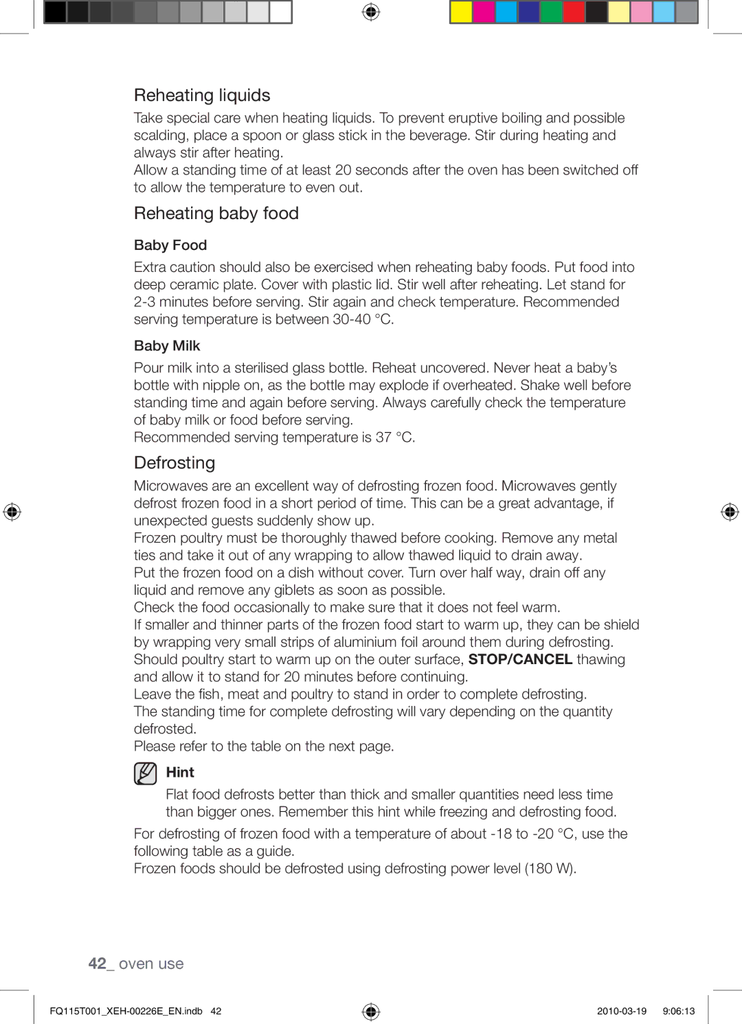 Samsung FQ115T001/XEH, FQ115T001/XEO manual Reheating liquids, Reheating baby food, Defrosting 