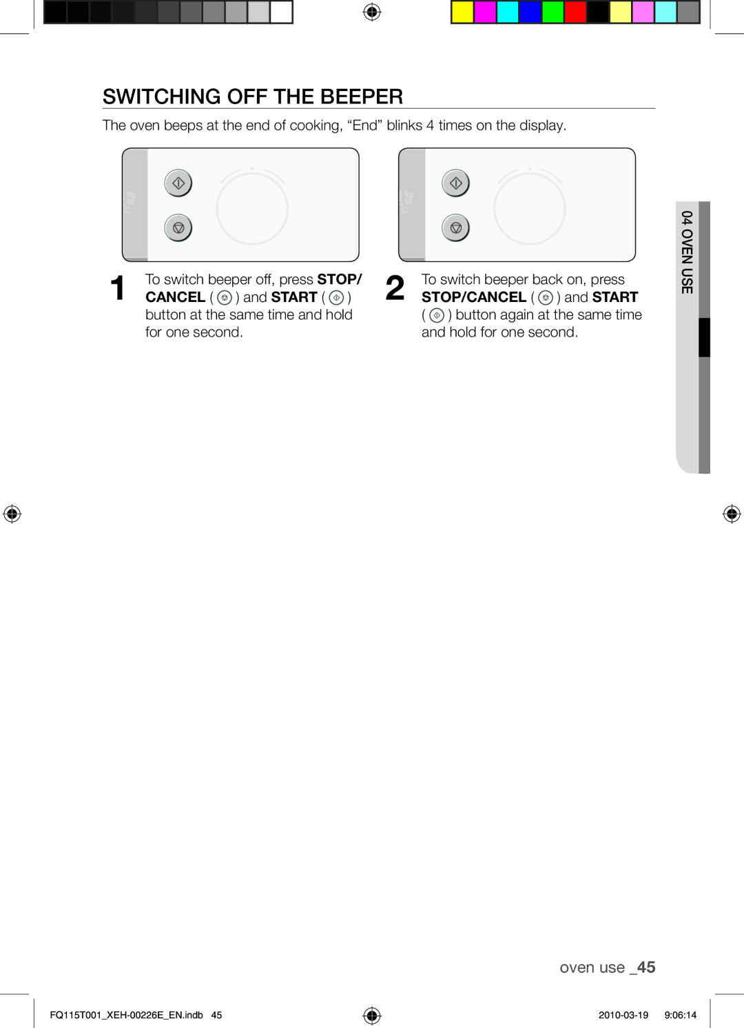 Samsung FQ115T001/XEO Switching off the beeper, Cancel and Start, STOP/CANCEL and Start, To switch beeper off, press Stop 