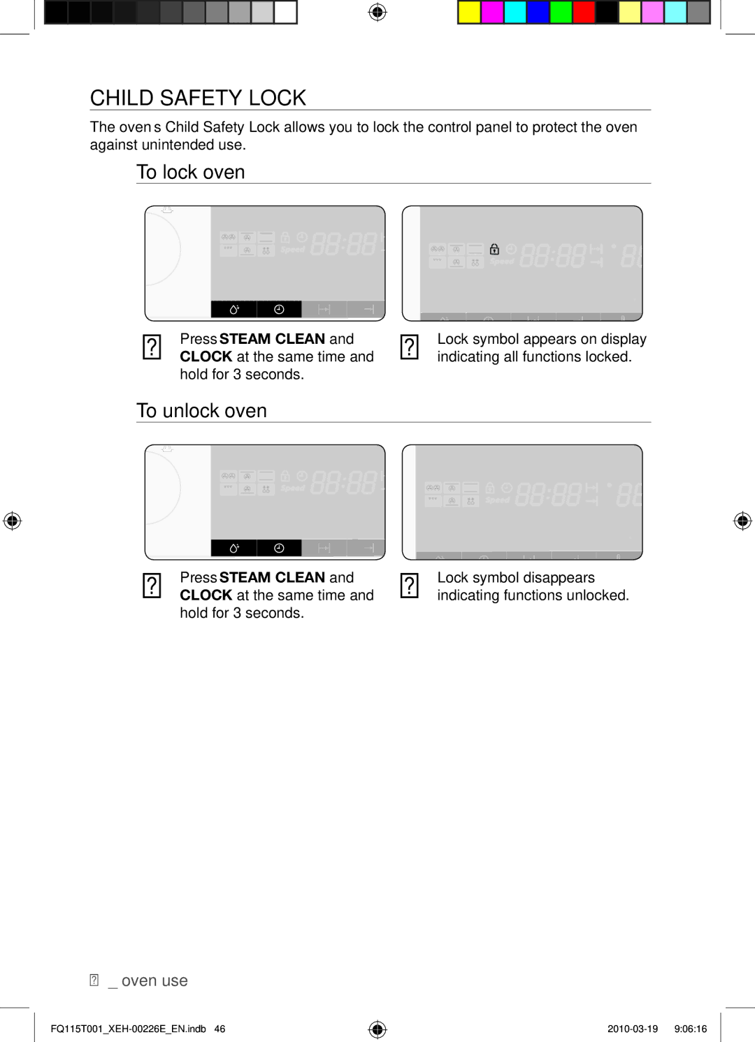 Samsung FQ115T001/XEH, FQ115T001/XEO manual Child safety lock, To lock oven, To unlock oven, Press Steam Clean 