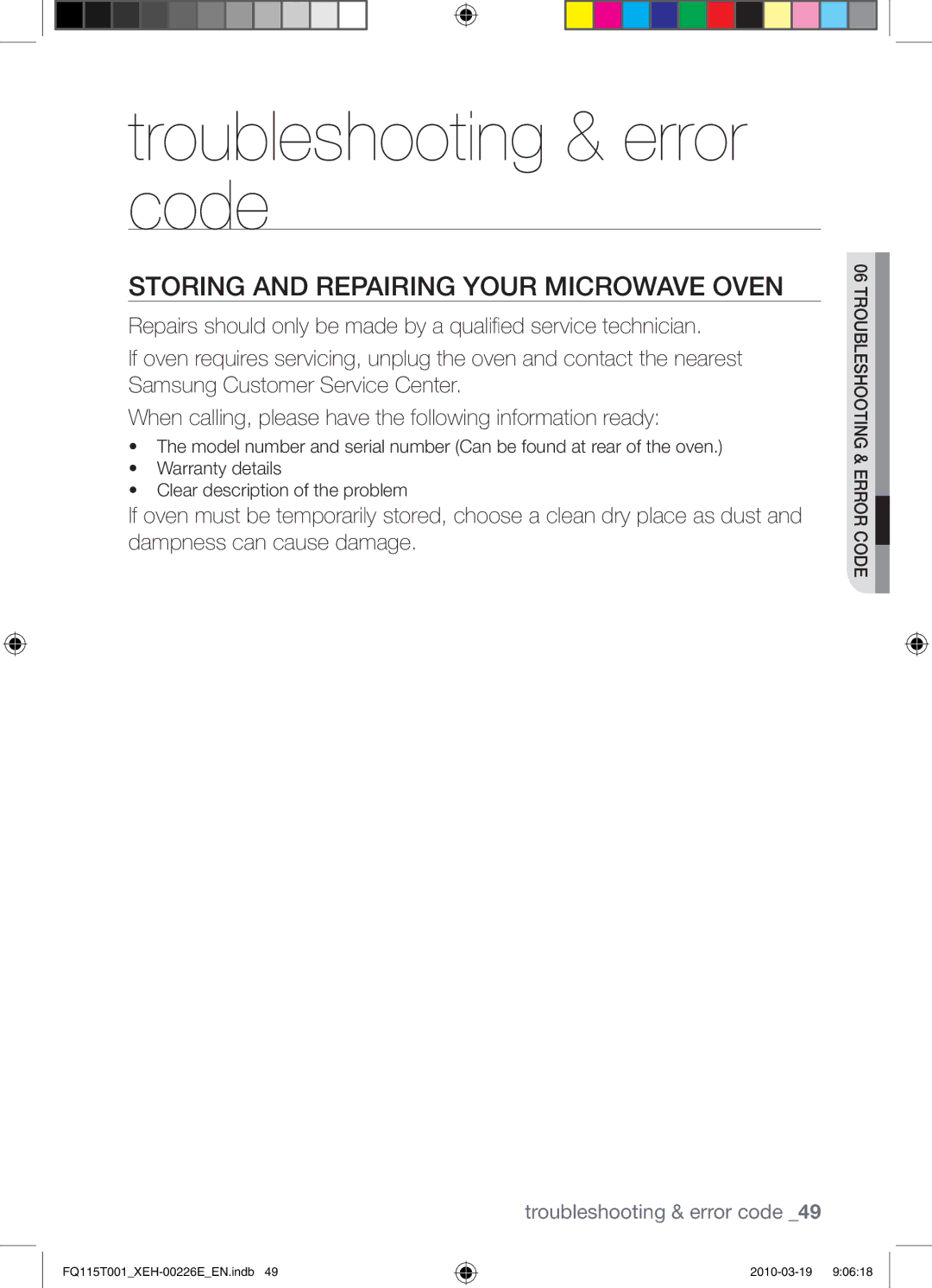 Samsung FQ115T001/XEO, FQ115T001/XEH manual Troubleshooting & error code, Storing and repairing your microwave oven 