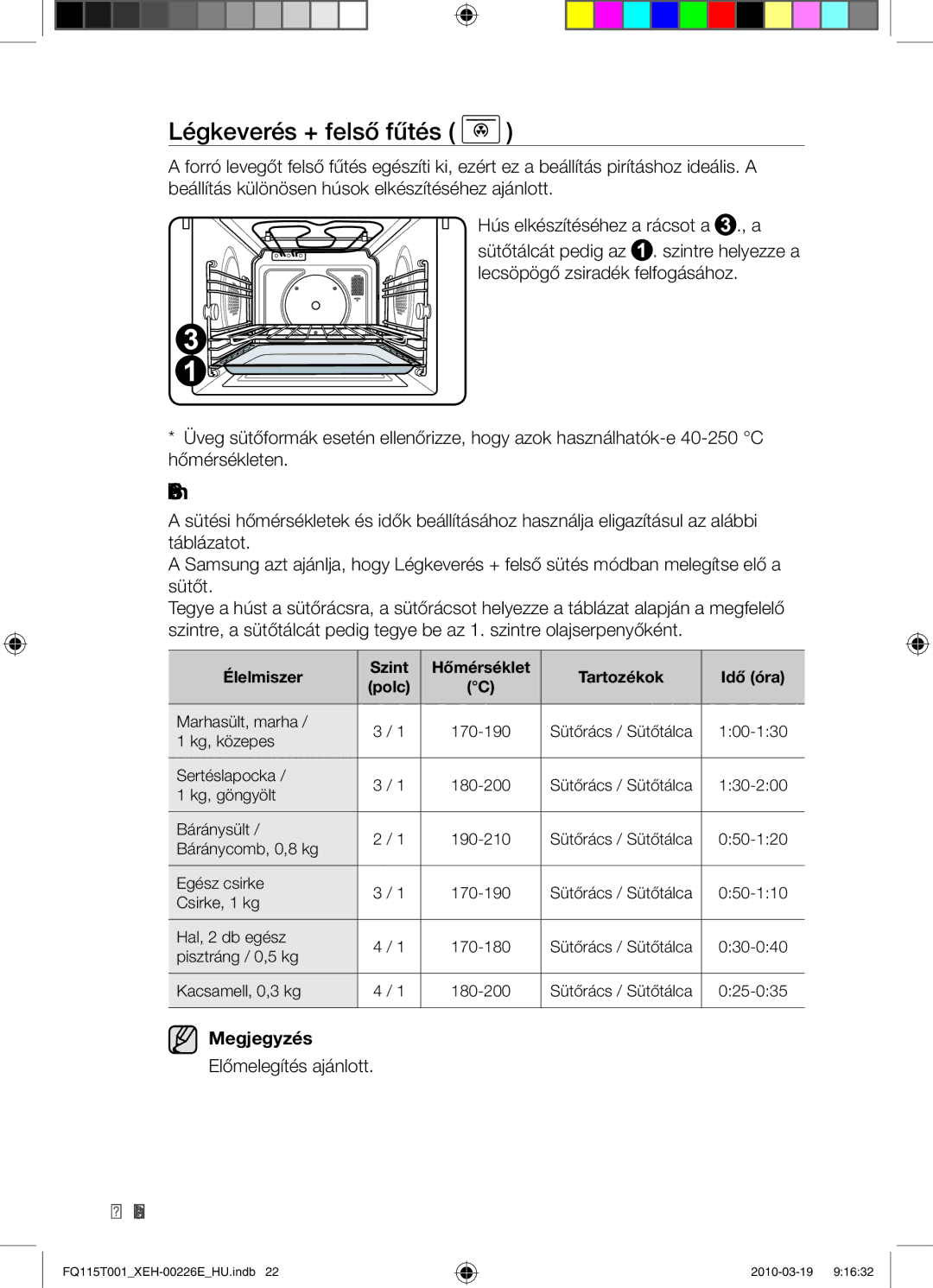 Samsung FQ115T001/XEH Légkeverés + felső fűtés, 22 a sütő használata, Élelmiszer Szint Hőmérséklet Tartozékok Idő óra 