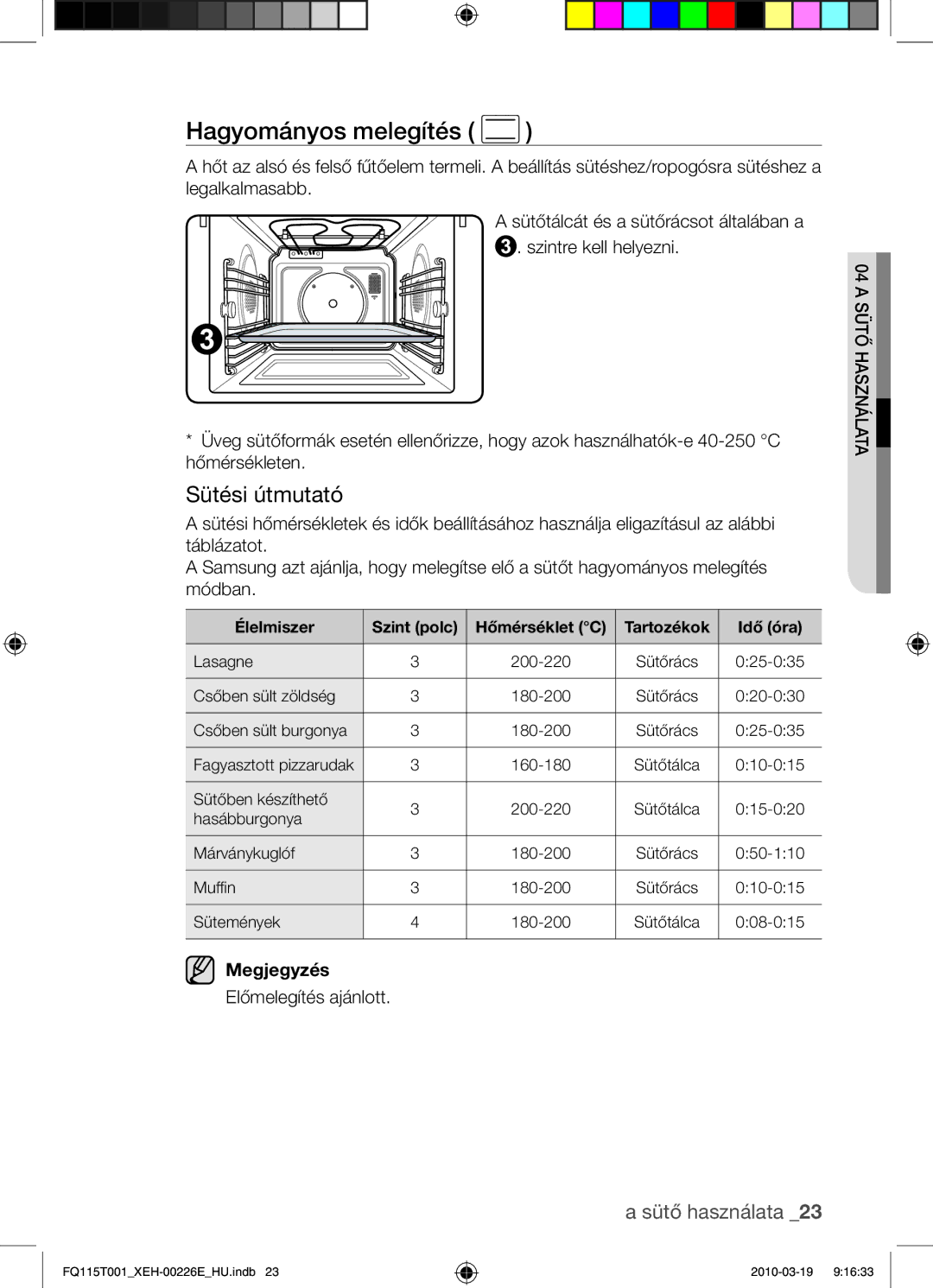 Samsung FQ115T001/XEO, FQ115T001/XEH manual Hagyományos melegítés, Élelmiszer Szint polc 