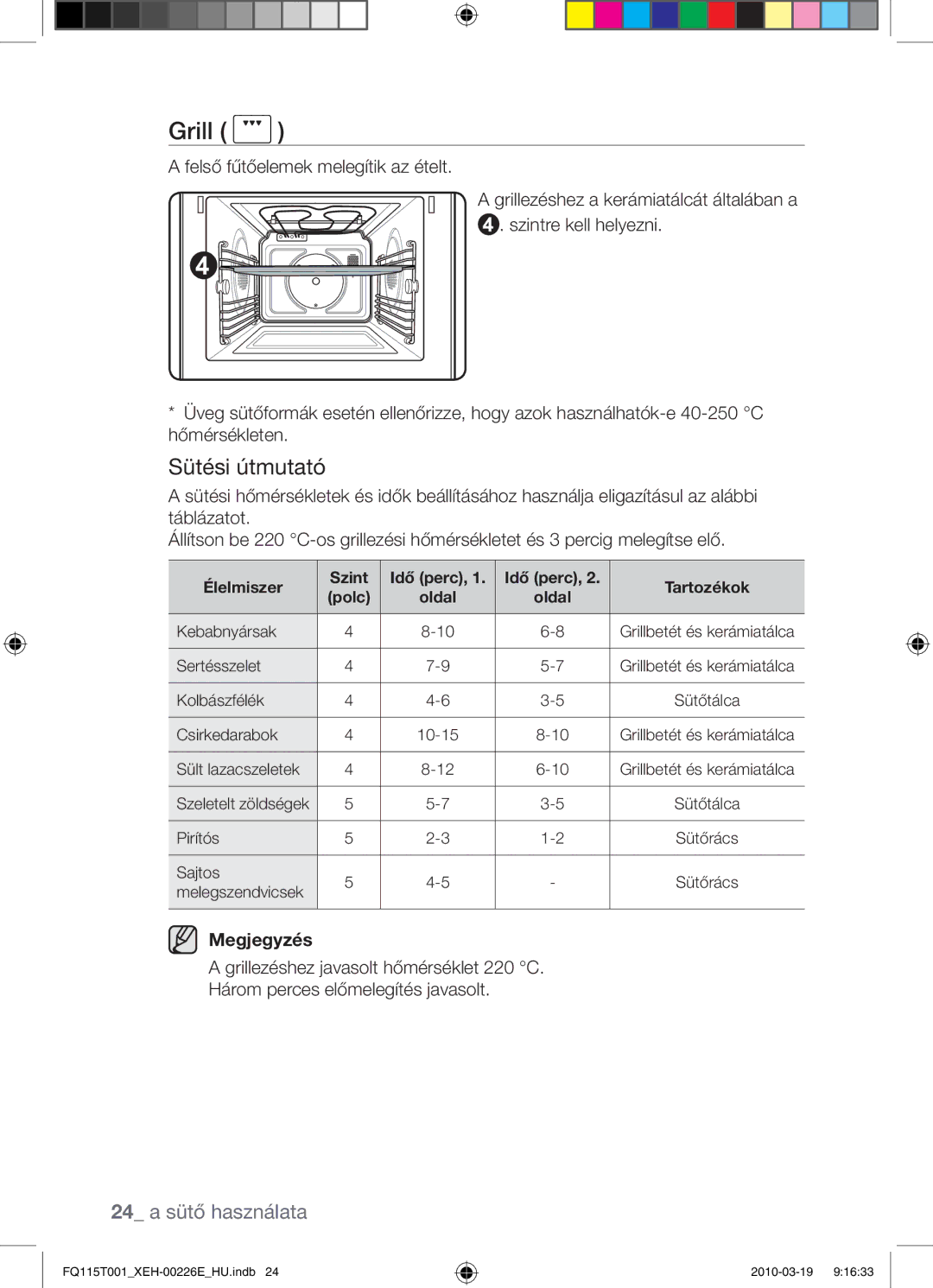 Samsung FQ115T001/XEH, FQ115T001/XEO manual Grill, 24 a sütő használata, Élelmiszer Szint Idő perc Tartozékok 