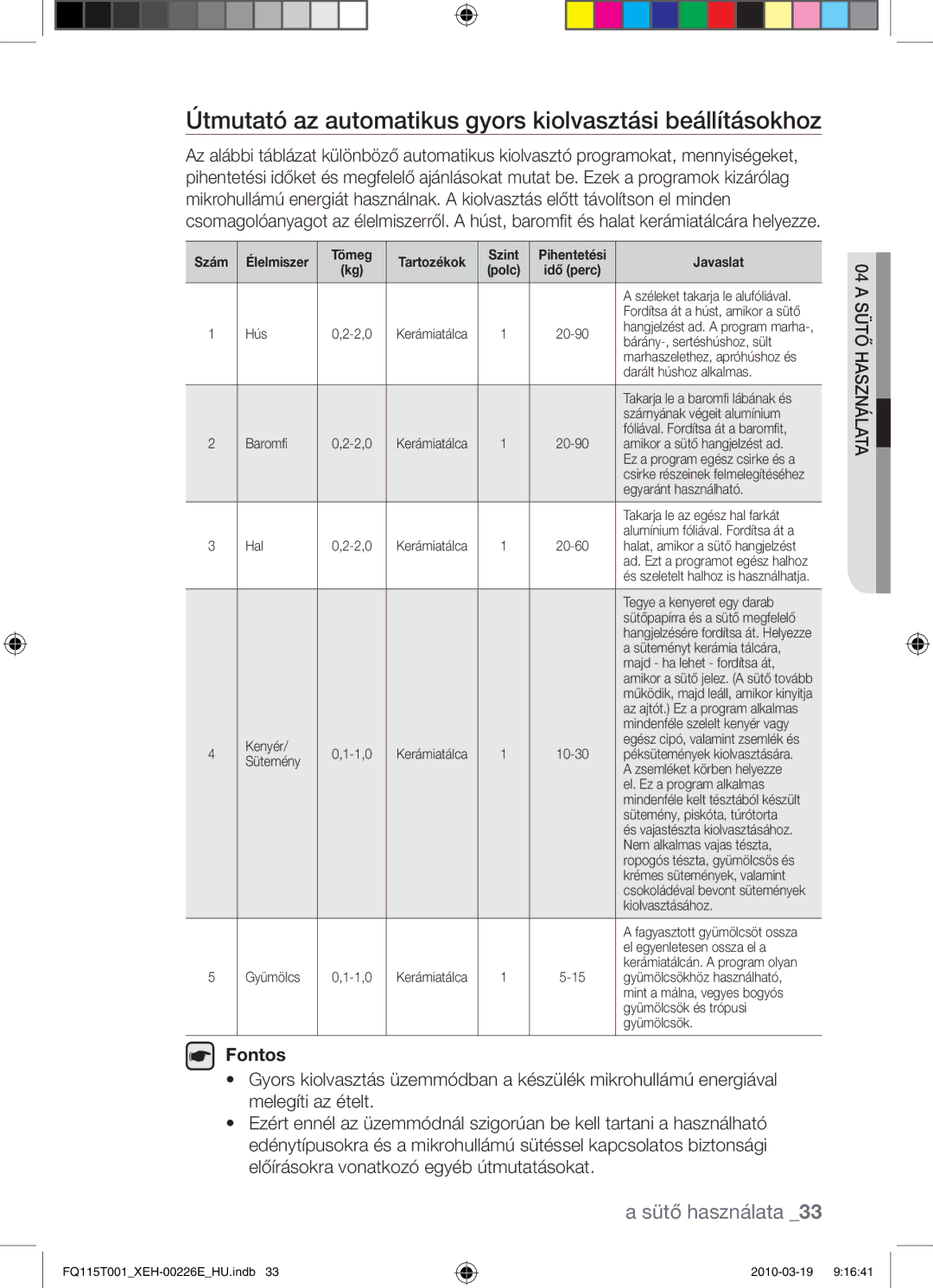 Samsung FQ115T001/XEO, FQ115T001/XEH manual Útmutató az automatikus gyors kiolvasztási beállításokhoz 