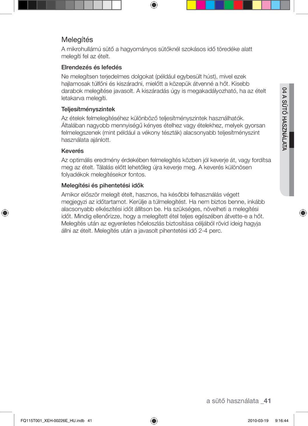 Samsung FQ115T001/XEO, FQ115T001/XEH manual Melegítés 