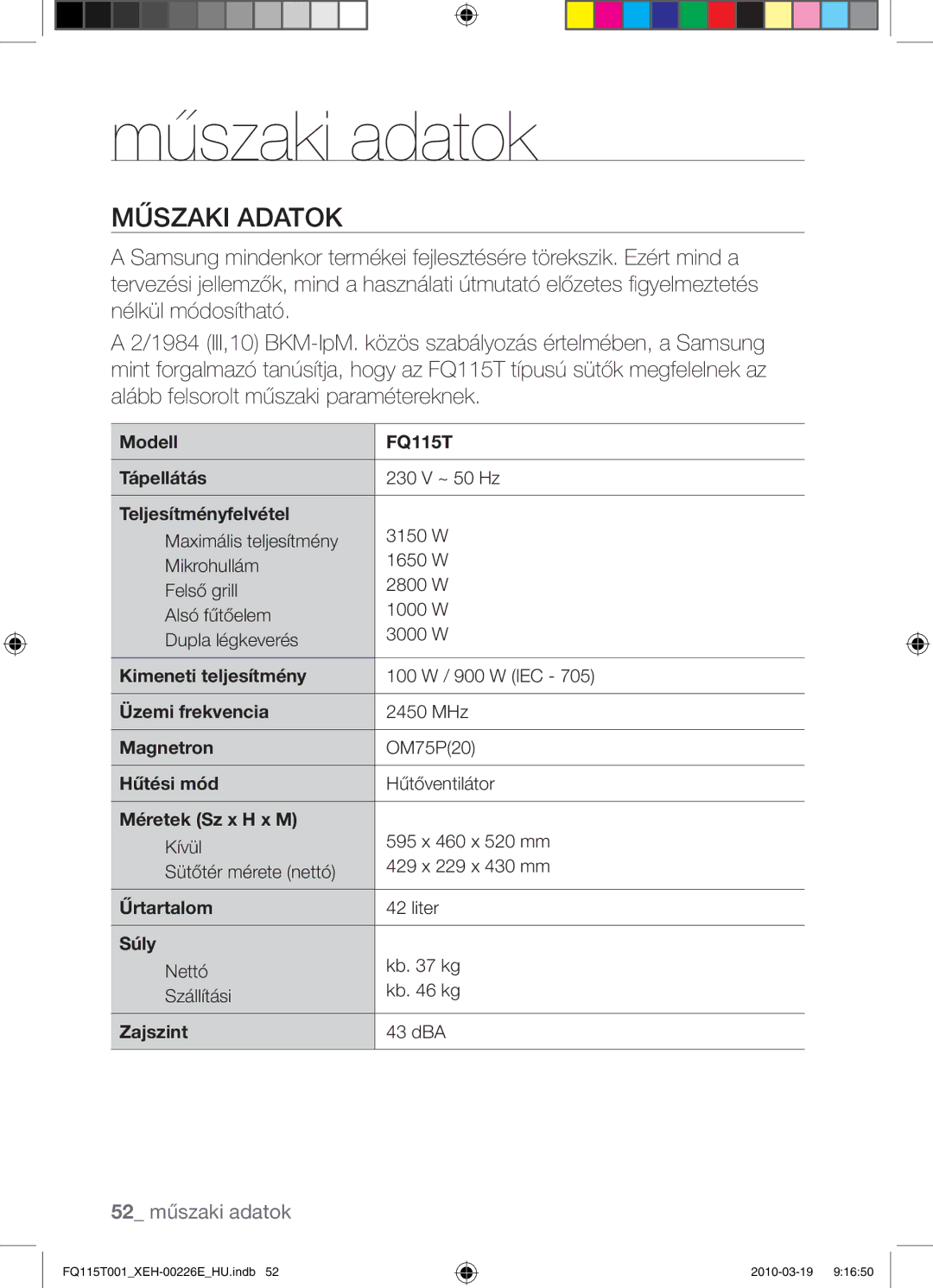 Samsung FQ115T001/XEH, FQ115T001/XEO manual Műszaki adatok, 52 műszaki adatok 