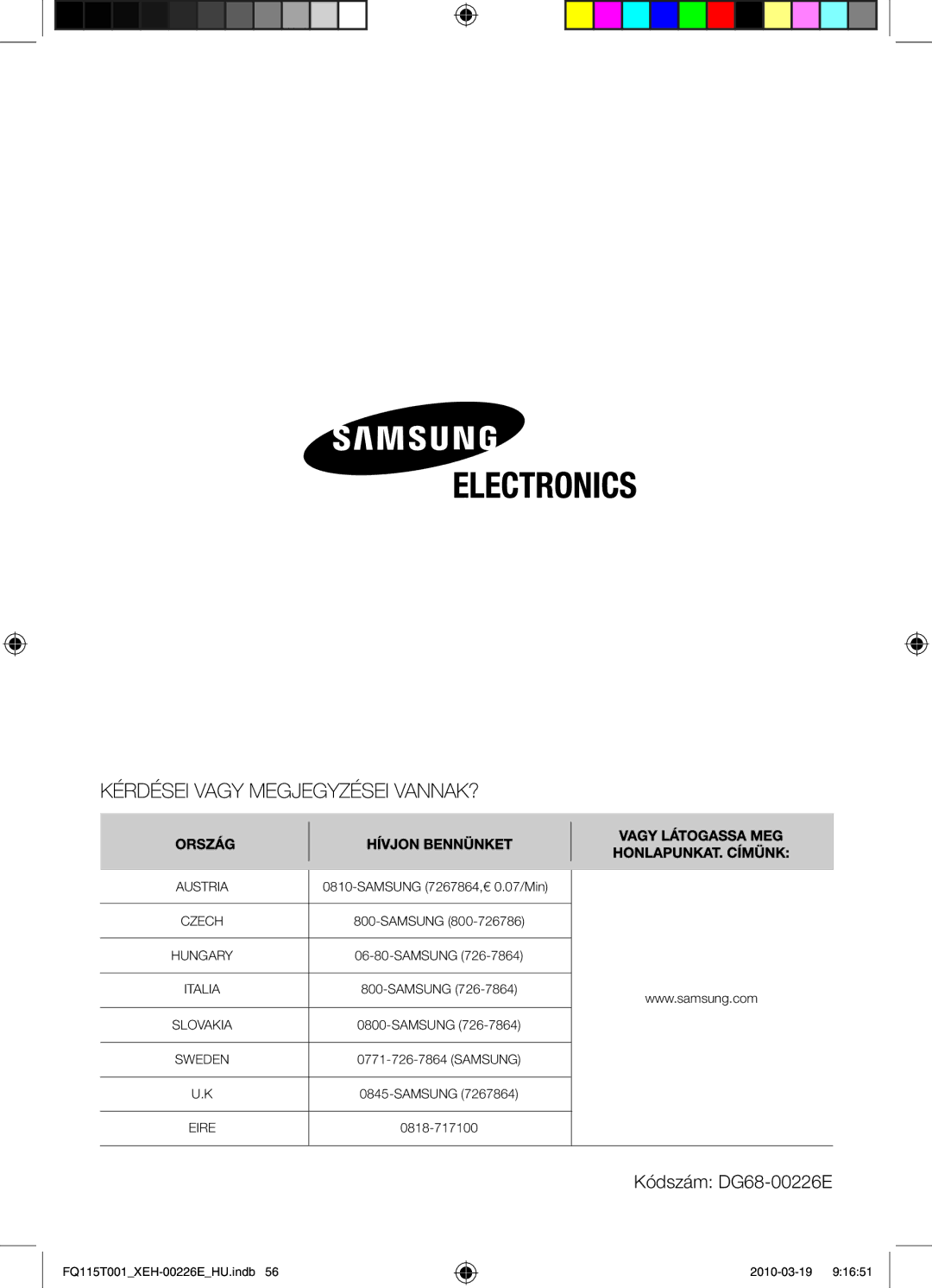 Samsung FQ115T001/XEH, FQ115T001/XEO manual Kódszám DG68-00226E, Austria 