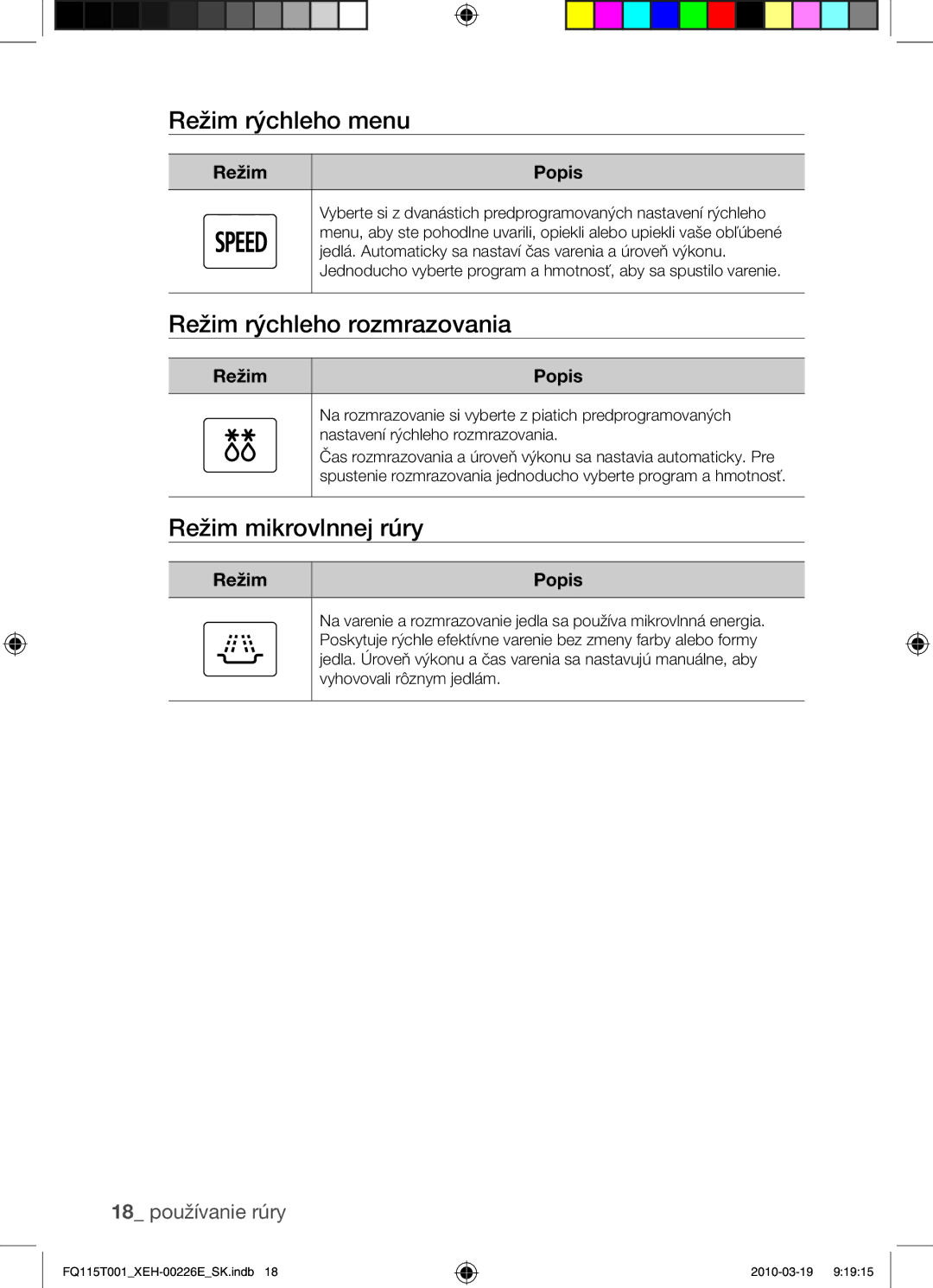 Samsung FQ115T001/XEH manual Režim rýchleho menu, Režim rýchleho rozmrazovania, Režim mikrovlnnej rúry, 18 používanie rúry 