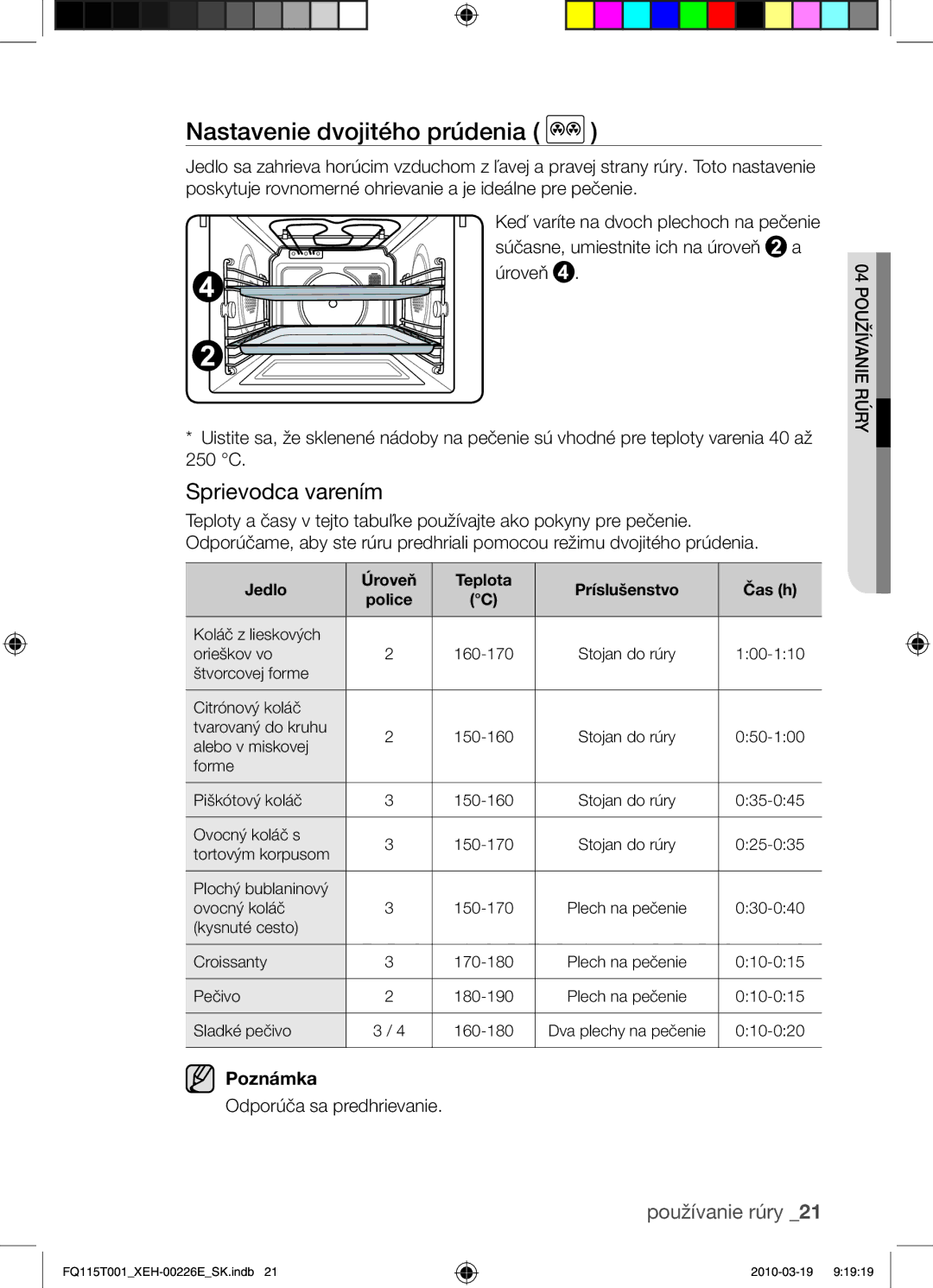 Samsung FQ115T001/XEO, FQ115T001/XEH manual Nastavenie dvojitého prúdenia, Sprievodca varením, Odporúča sa predhrievanie 