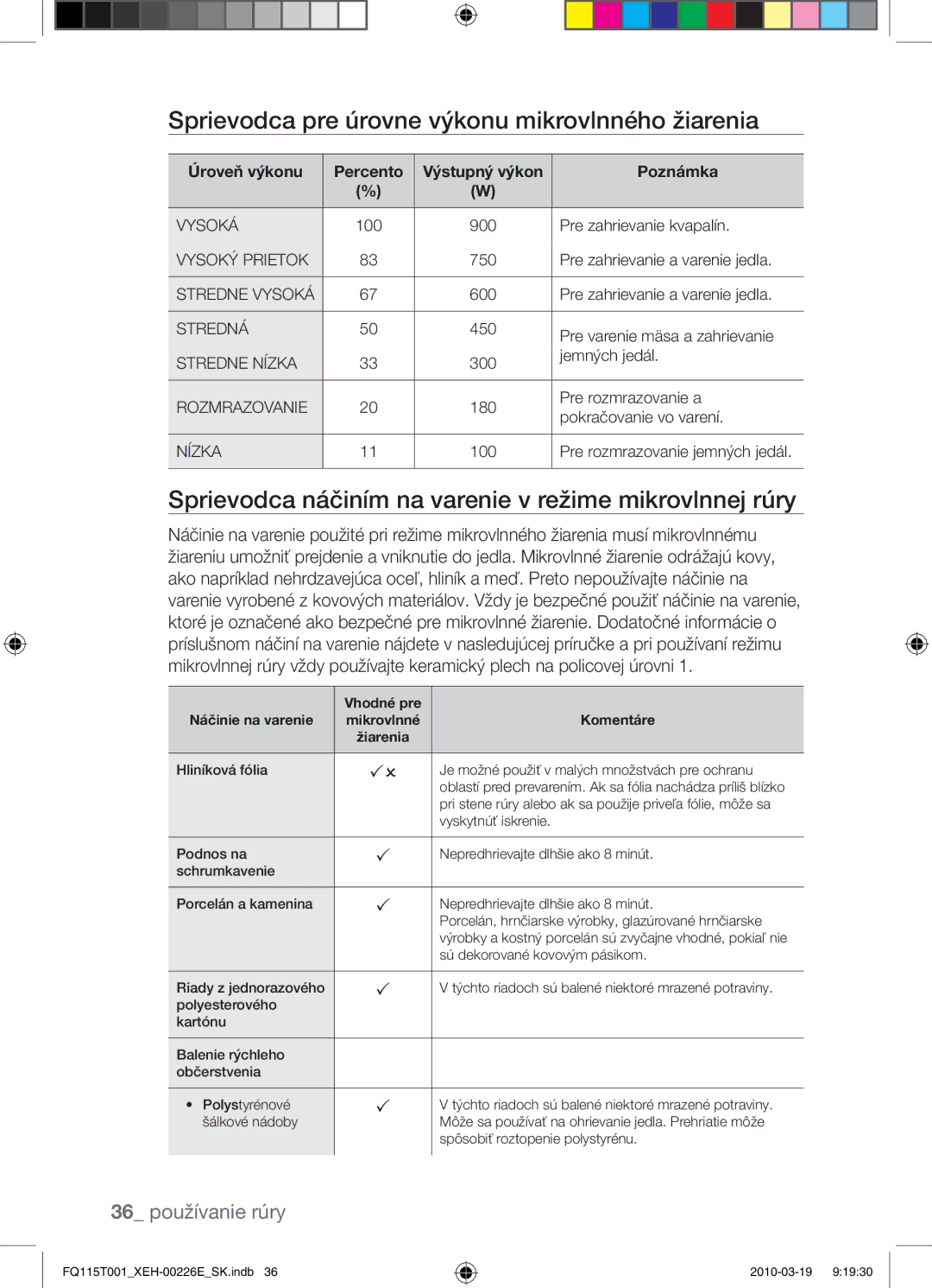 Samsung FQ115T001/XEH manual Sprievodca pre úrovne výkonu mikrovlnného žiarenia, 36 používanie rúry, Úroveň výkonu Percento 