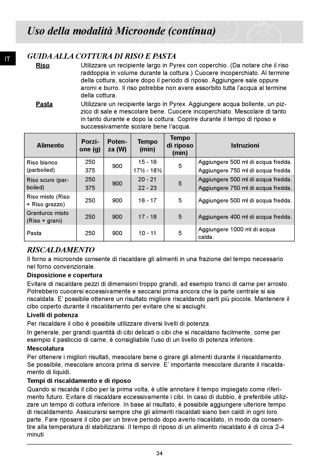 Samsung FQ115T001/XET manual Guida Alla Cottura DI Riso E Pasta, Riscaldamento 