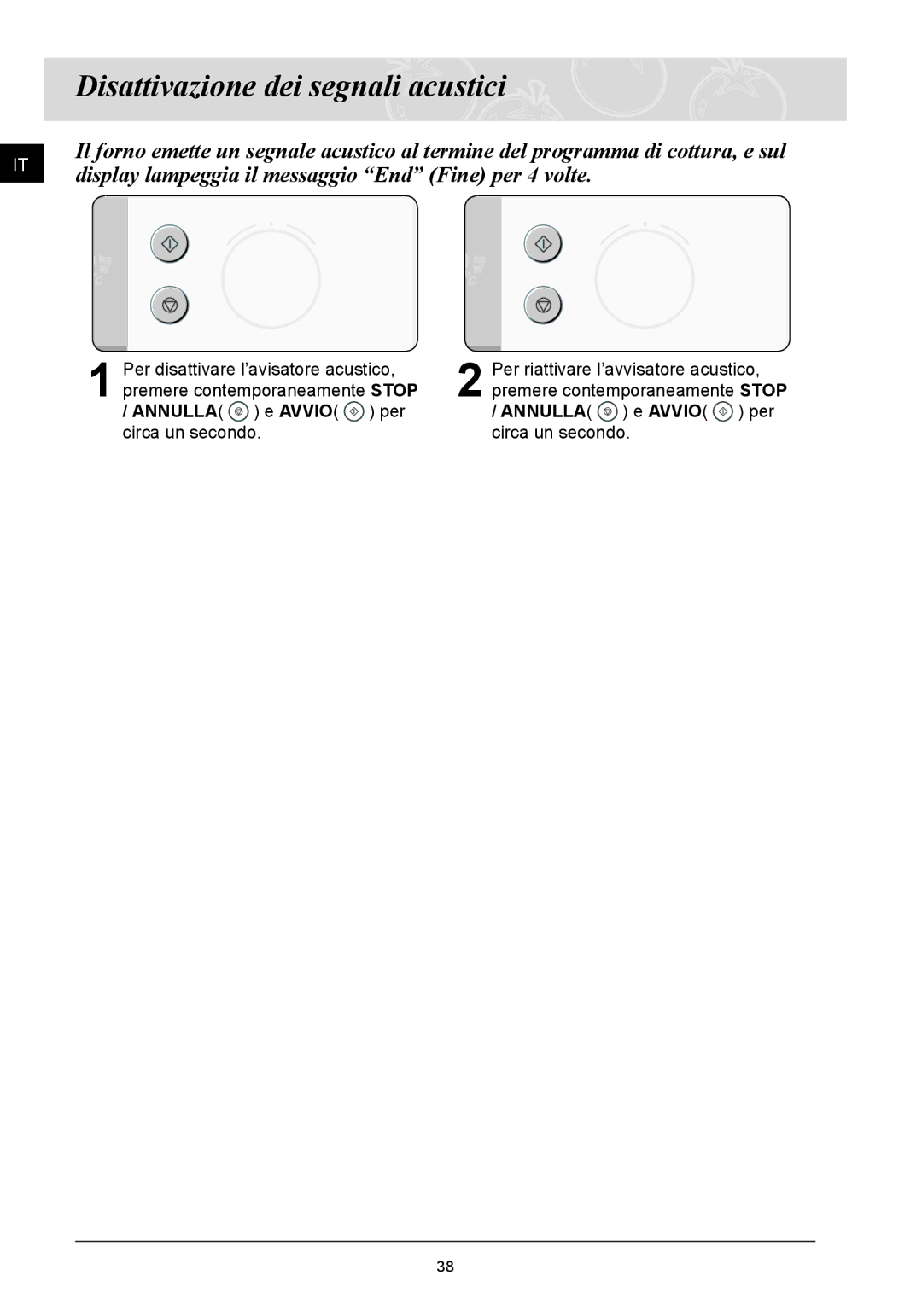 Samsung FQ115T001/XET manual Disattivazione dei segnali acustici, Display lampeggia il messaggio End Fine per 4 volte 