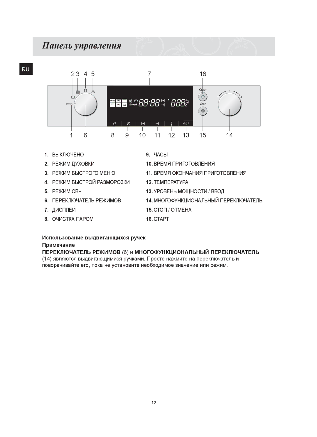 Samsung FQ115T002/BWT manual Панель управления, Температура Режим СВЧ, Дисплей Стоп / Отмена Очистка Паром Старт 