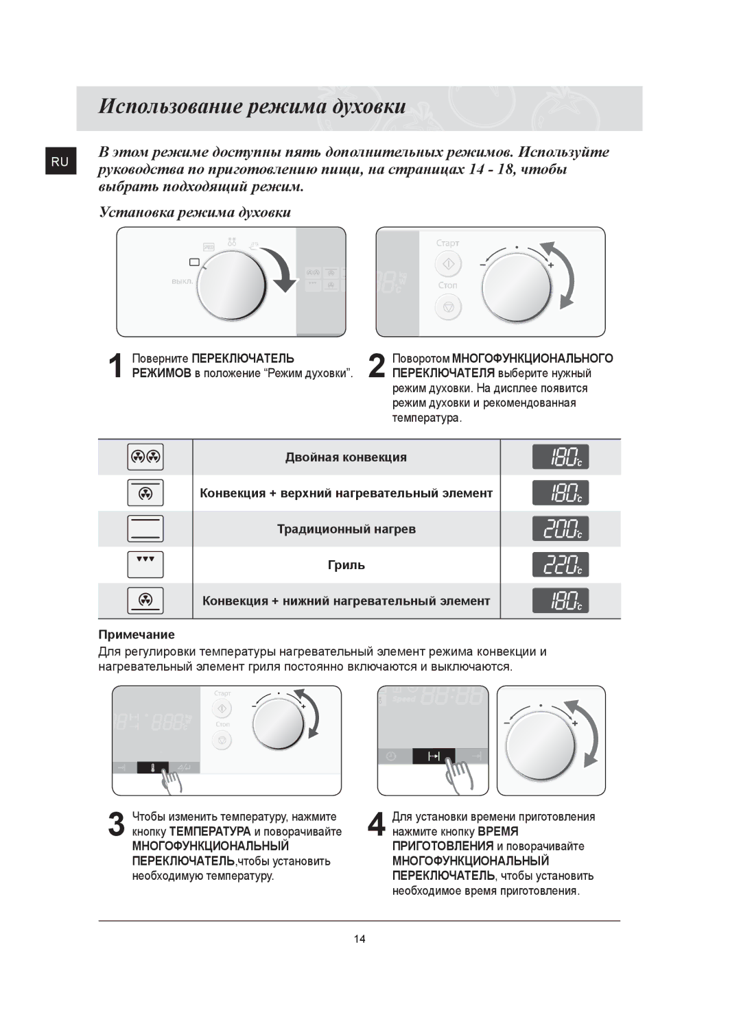 Samsung FQ115T002/BWT manual Использование режима духовки, Поверните Переключатель, Многофункциональный 