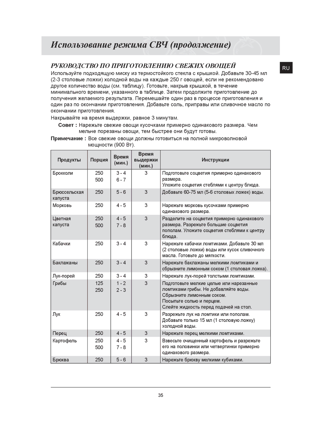 Samsung FQ115T002/BWT manual Руководство ПО Приготовлению Свежих Овощей, Инструкции Мин 