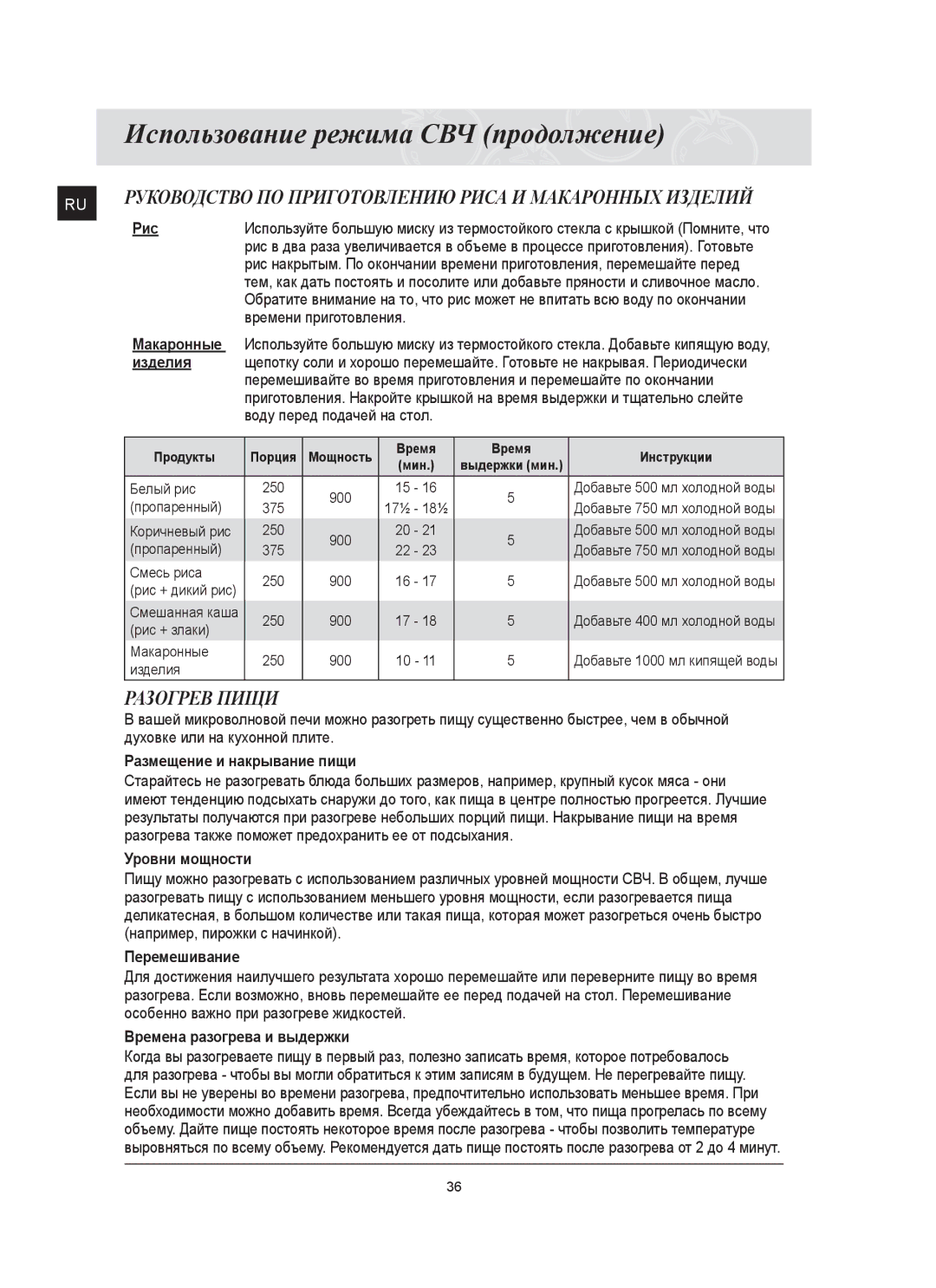 Samsung FQ115T002/BWT manual Разогрев Пищи 