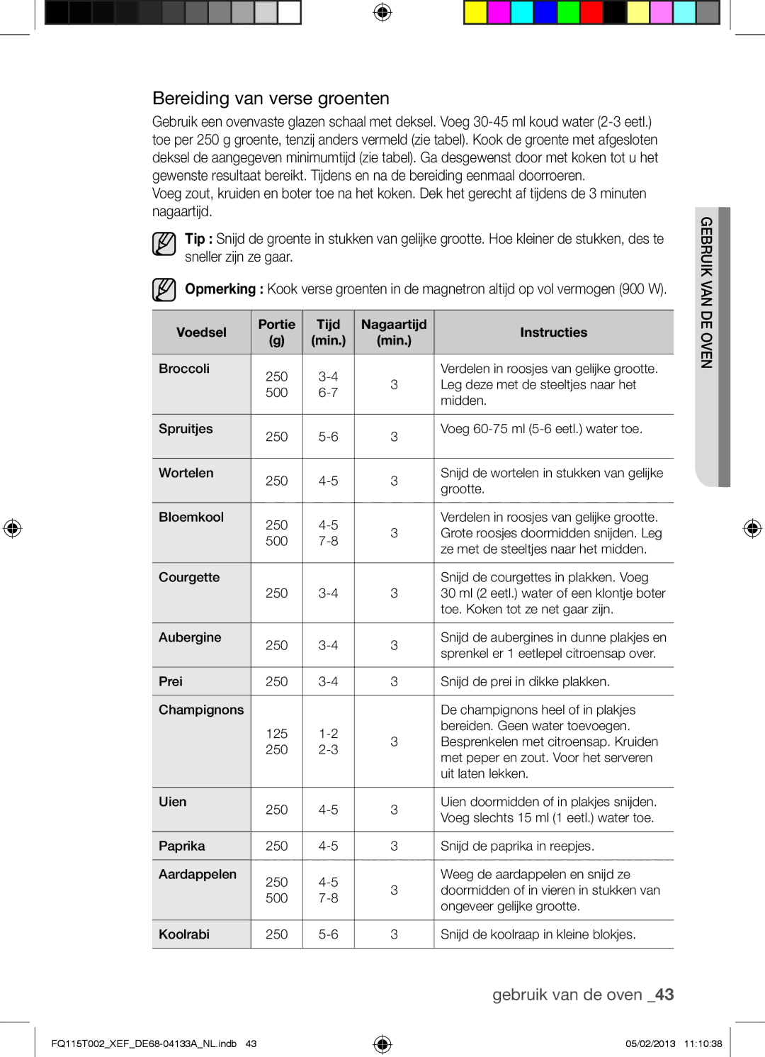 Samsung FQ115T002/BWT, FQ115T002/XEG manual Bereiding van verse groenten, Voedsel Portie Tijd Nagaartijd Instructies 