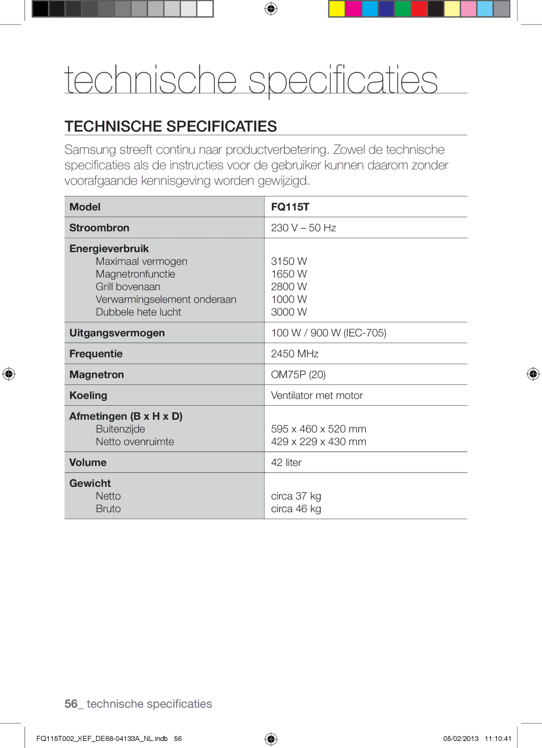 Samsung FQ115T002/XEF, FQ115T002/XEG, FQ115T002/BWT manual Technische specificaties, Technische Specificaties 