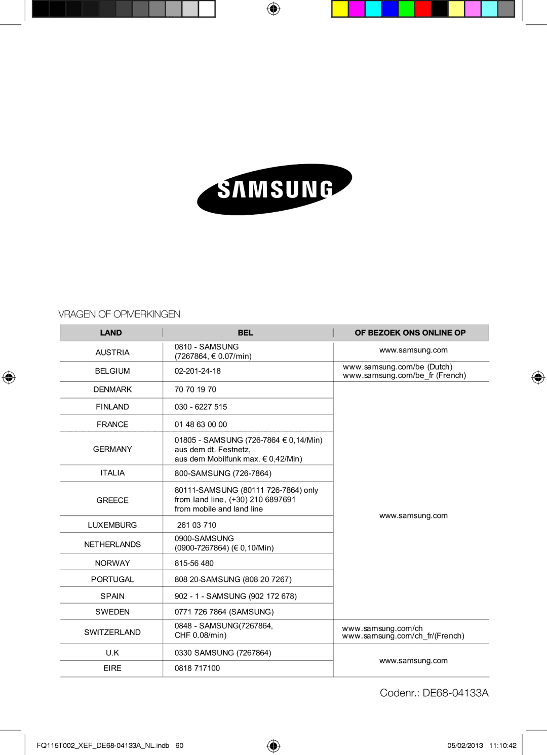 Samsung FQ115T002/XEG, FQ115T002/BWT, FQ115T002/XEF manual Codenr. DE68-04133A 