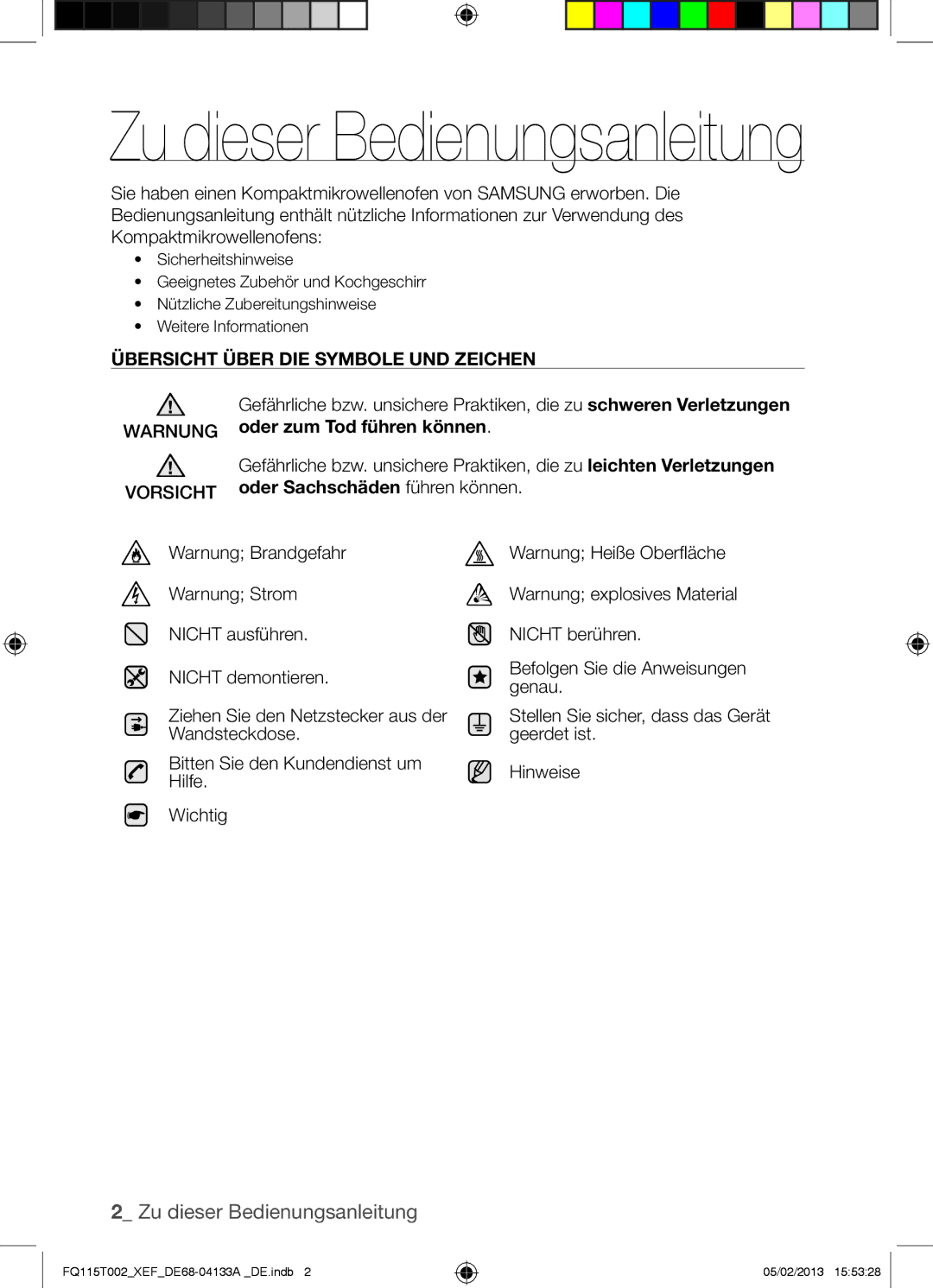 Samsung FQ115T002/XEF, FQ115T002/XEG manual Warnung oder zum Tod führen können, Vorsicht oder Sachschäden führen können 