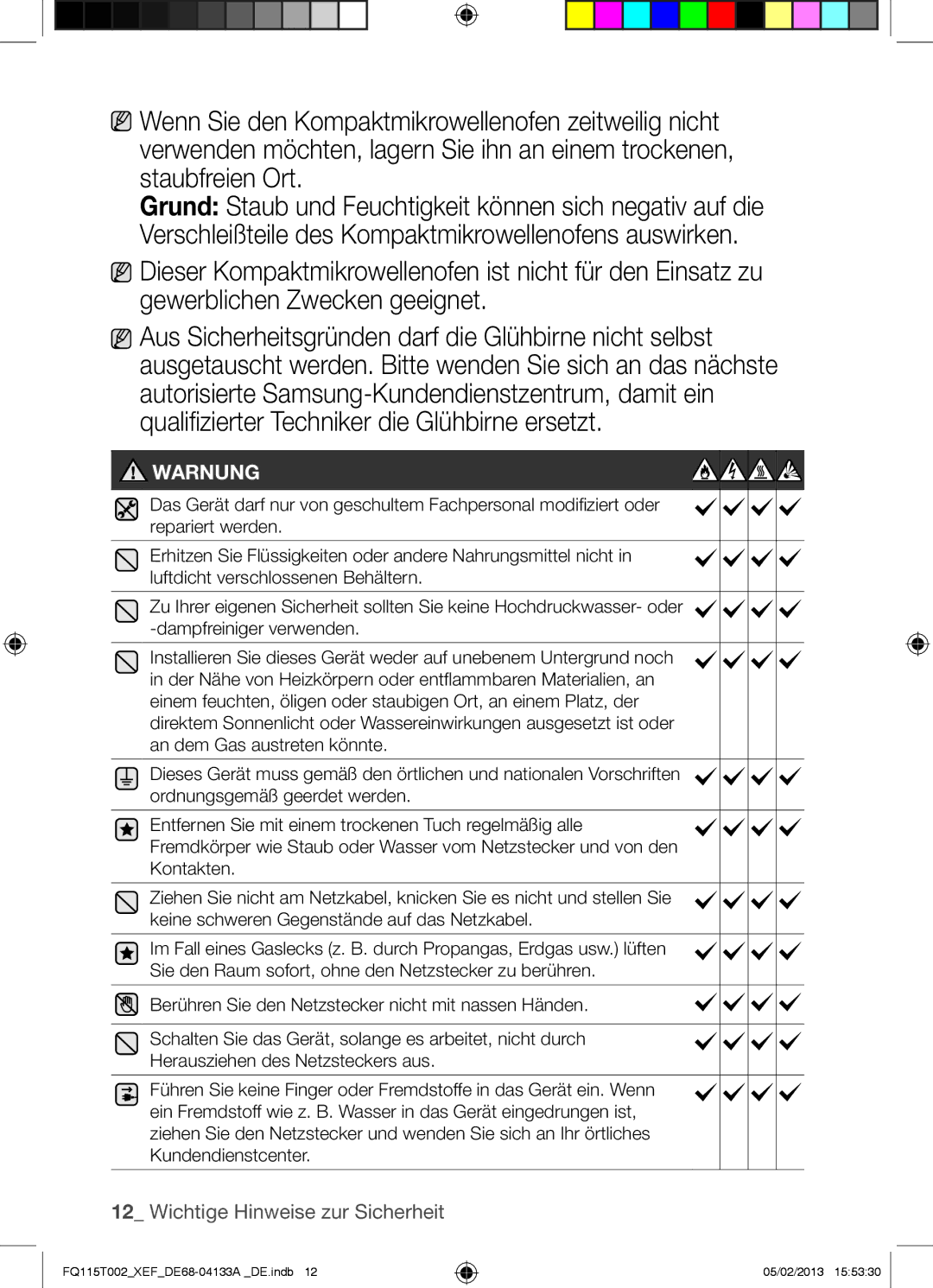 Samsung FQ115T002/XEG, FQ115T002/BWT, FQ115T002/XEF manual Warnung 