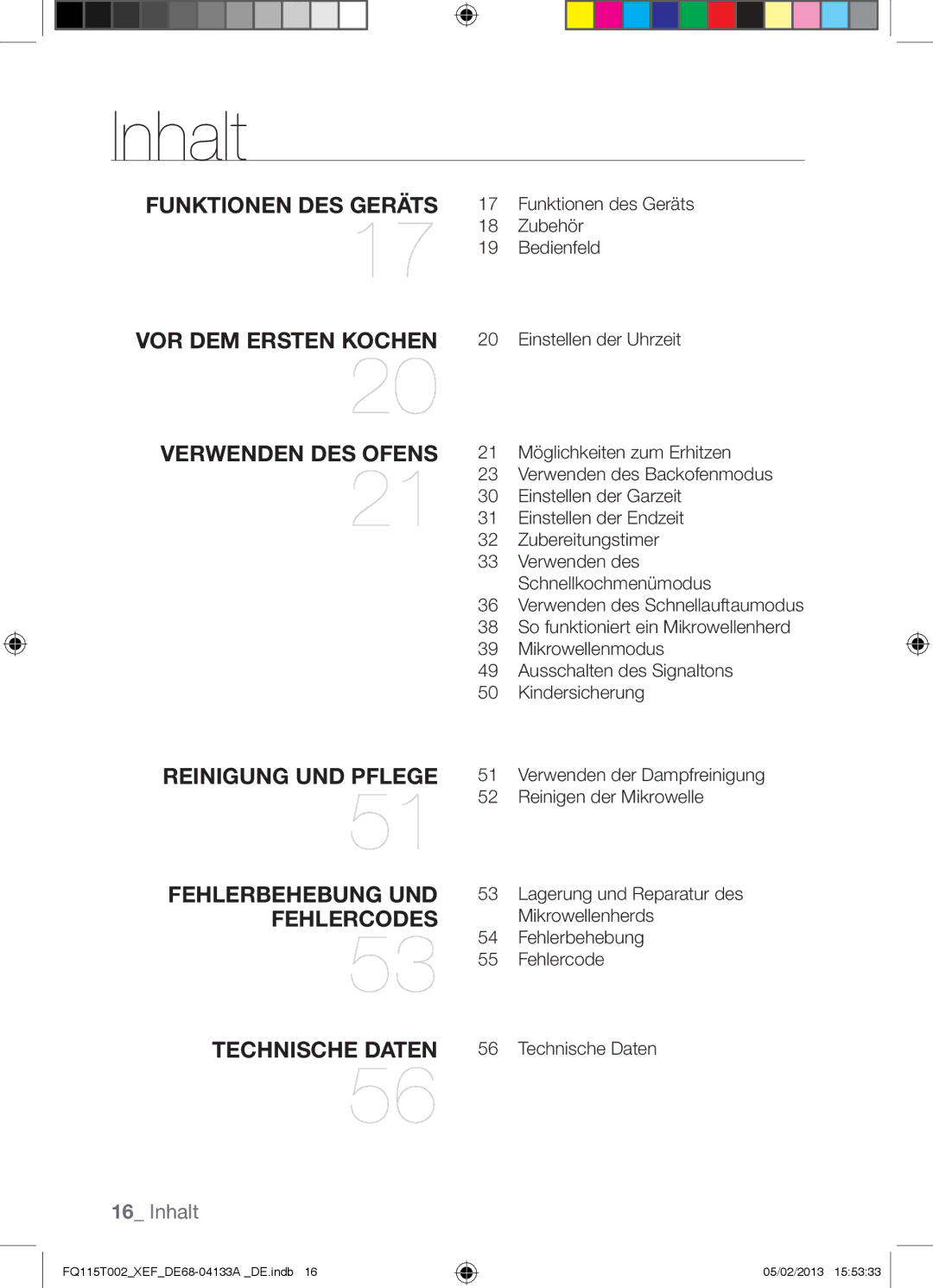 Samsung FQ115T002/BWT, FQ115T002/XEG, FQ115T002/XEF manual Inhalt, Verwenden DES Ofens 