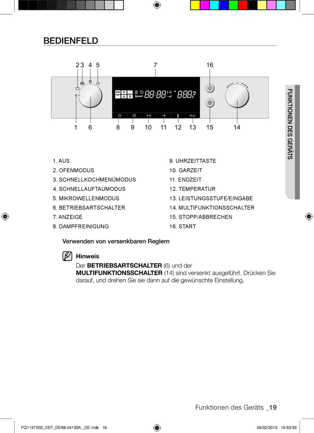 Samsung FQ115T002/BWT, FQ115T002/XEG, FQ115T002/XEF manual Bedienfeld 