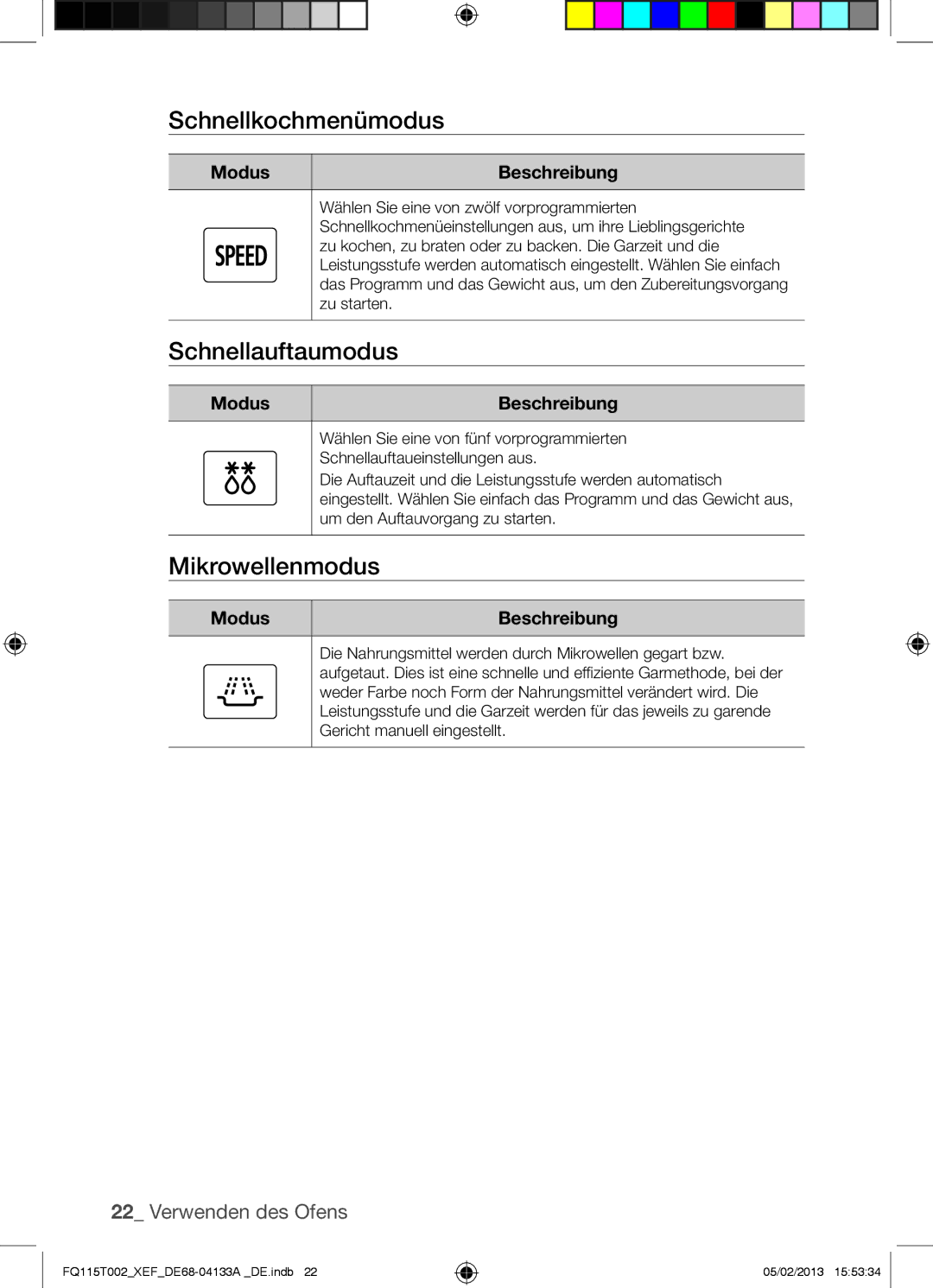 Samsung FQ115T002/BWT, FQ115T002/XEG, FQ115T002/XEF manual Schnellkochmenümodus, Schnellauftaumodus, Mikrowellenmodus 