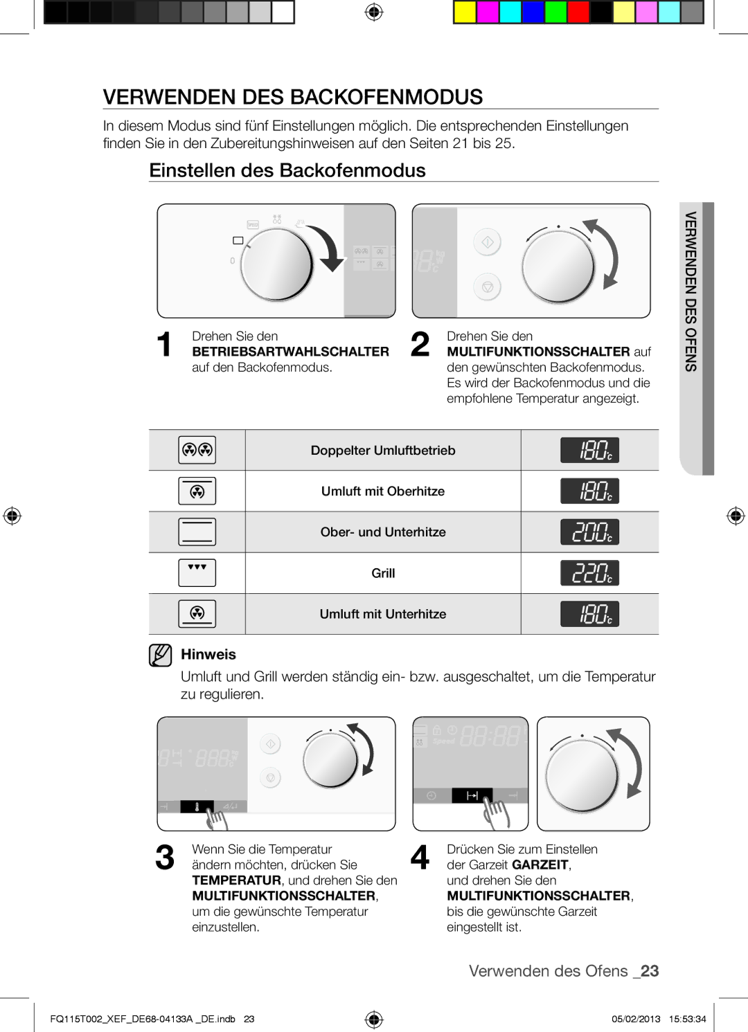 Samsung FQ115T002/XEF, FQ115T002/XEG, FQ115T002/BWT manual Verwenden DES Backofenmodus, Einstellen des Backofenmodus 