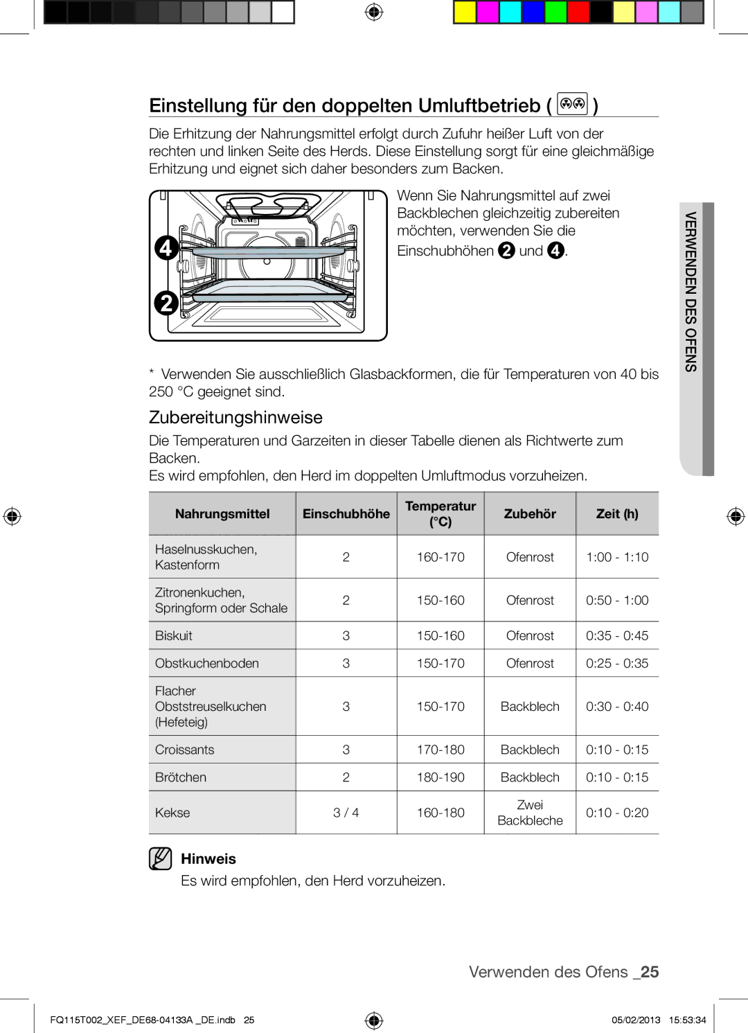 Samsung FQ115T002/BWT, FQ115T002/XEG, FQ115T002/XEF manual Einstellung für den doppelten Umluftbetrieb, Zubereitungshinweise 