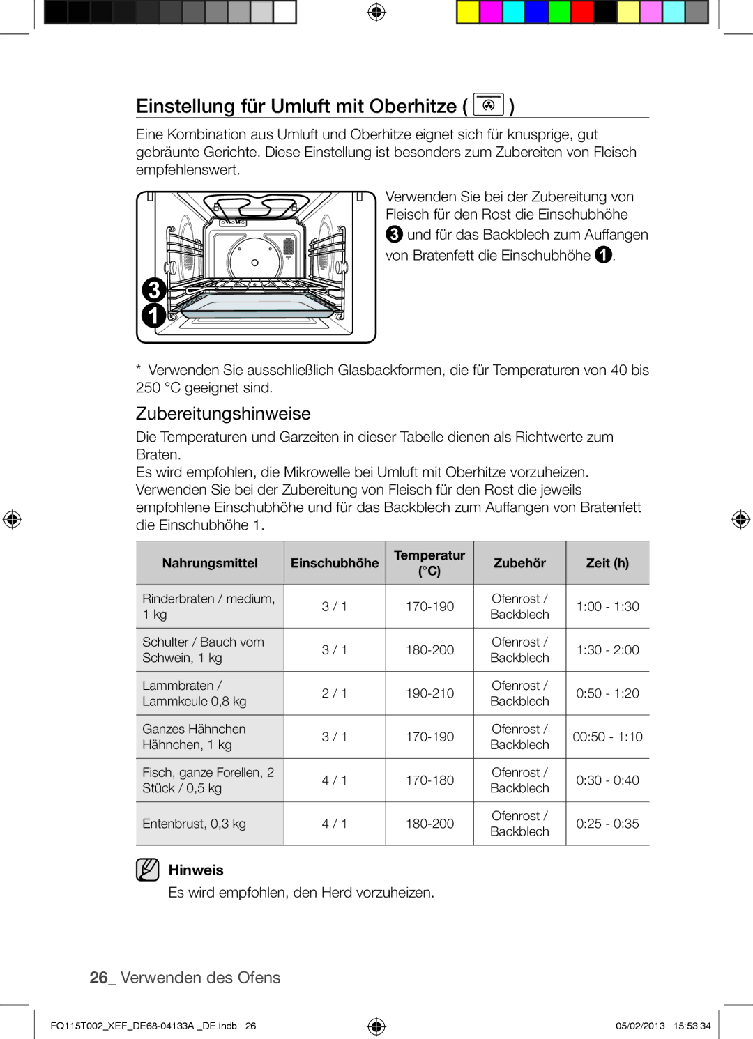 Samsung FQ115T002/XEF, FQ115T002/XEG, FQ115T002/BWT Einstellung für Umluft mit Oberhitze, Nahrungsmittel, Zubehör Zeit h 