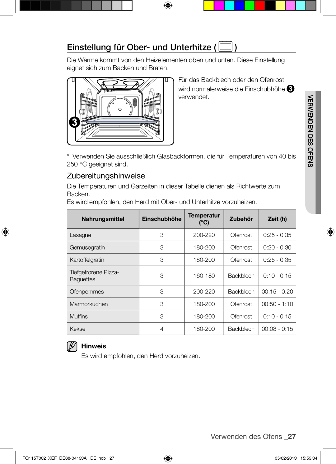 Samsung FQ115T002/XEG, FQ115T002/BWT, FQ115T002/XEF manual Einstellung für Ober- und Unterhitze, Nahrungsmittel Einschubhöhe 