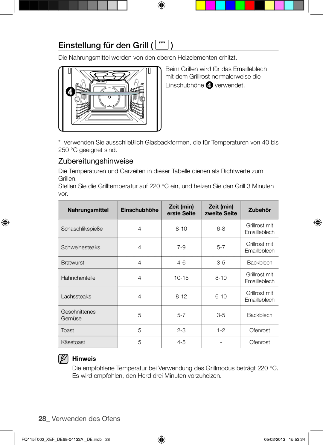 Samsung FQ115T002/BWT, FQ115T002/XEG, FQ115T002/XEF Einstellung für den Grill, Nahrungsmittel Einschubhöhe Zeit min Zubehör 