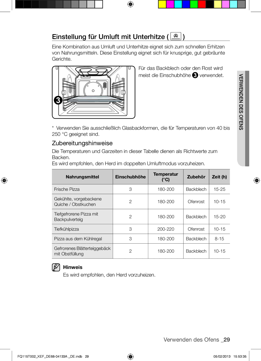 Samsung FQ115T002/XEF, FQ115T002/XEG, FQ115T002/BWT manual Einstellung für Umluft mit Unterhitze, Temperatur Zubehör Zeit h 