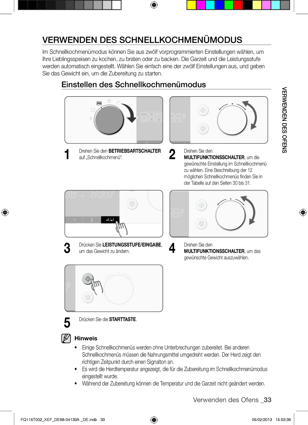 Samsung FQ115T002/XEG, FQ115T002/BWT, FQ115T002/XEF Verwenden DES Schnellkochmenümodus, Einstellen des Schnellkochmenümodus 