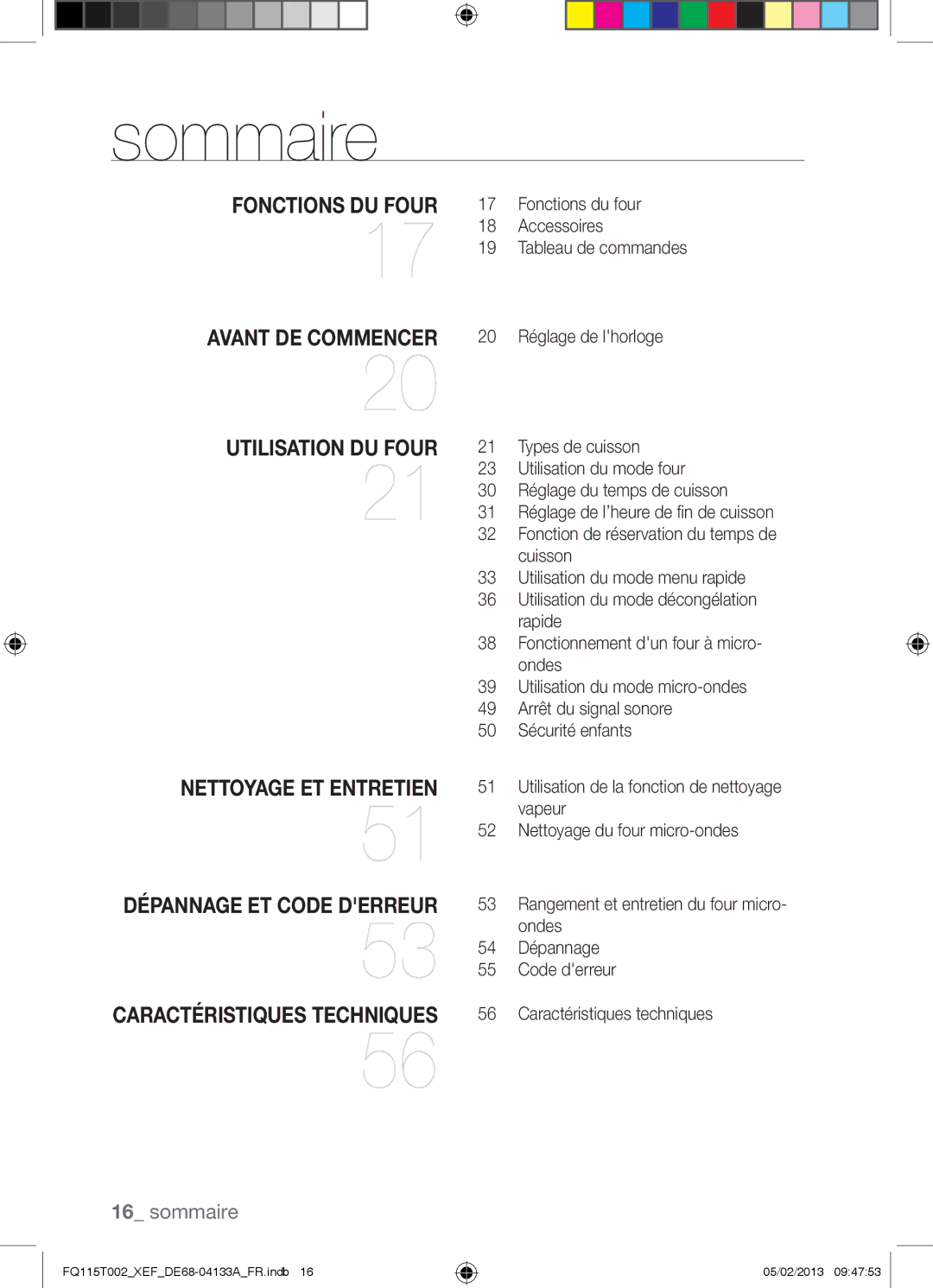 Samsung FQ115T002/BWT, FQ115T002/XEG, FQ115T002/XEF manual Sommaire, Fonctions DU Four 