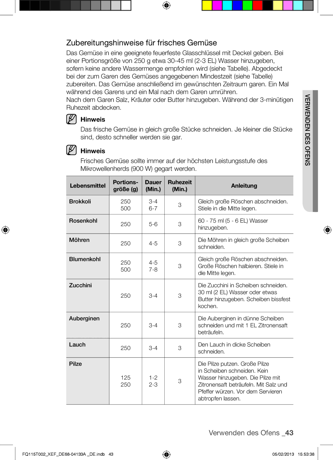 Samsung FQ115T002/BWT, FQ115T002/XEG manual Zubereitungshinweise für frisches Gemüse, Portions Dauer Ruhezeit Anleitung 