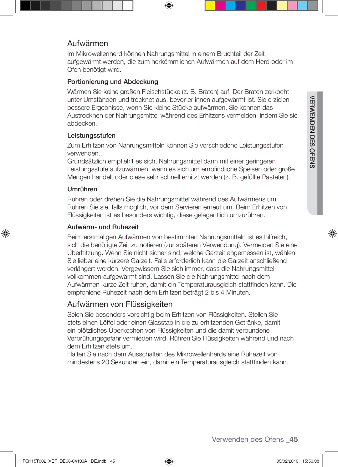 Samsung FQ115T002/XEG, FQ115T002/BWT, FQ115T002/XEF manual Aufwärmen von Flüssigkeiten 